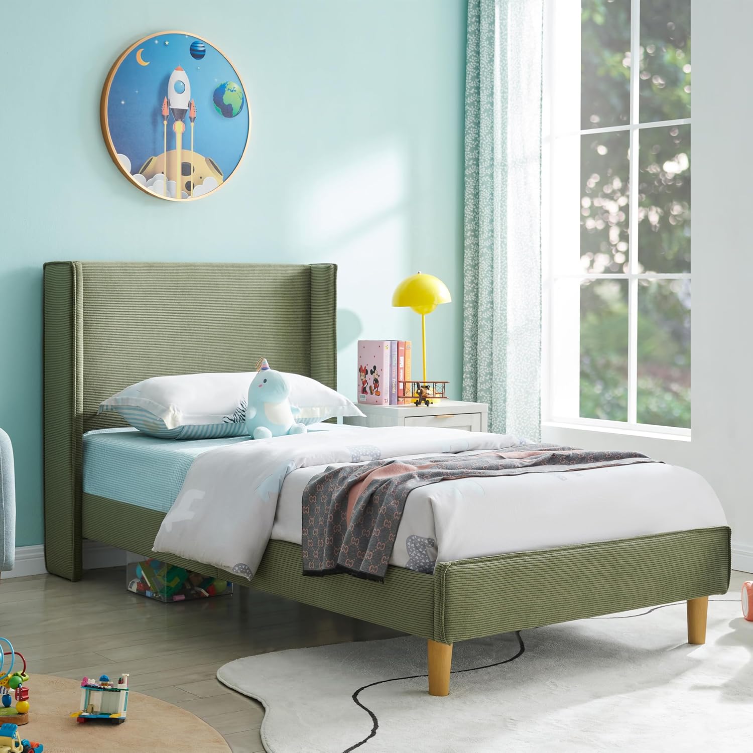 Queen Bed Frame with 42.5" High Wingback Headboard, Tall Upholstered Bed, Wooden Slats Support, Corduroy Upholstered, Noise Free, No Box Spring Needed, Easy Assembly, Turtle