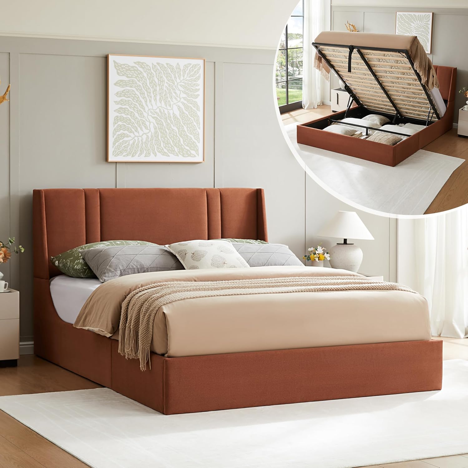 Queen Size Velvet Lift Up Storage Bed, Modern Wingback Headboard, Upholstered Platform Bed with Hydraulic Support, Metal Frame & Wood Slats, No Box Spring Needed, Easy Assembly, Ocher