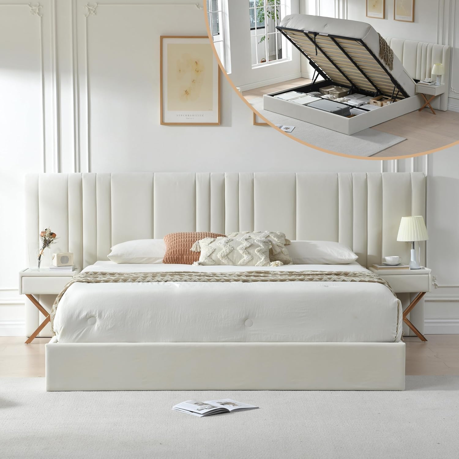 King Size Bed Frame with Built-in Nightstands, Lift Up Storage Bed with Oversize Upholstered Headboard, Luxury Bed Frame with Underneath Storage, Wood Slats Support, No Box Spring Needed, Cream