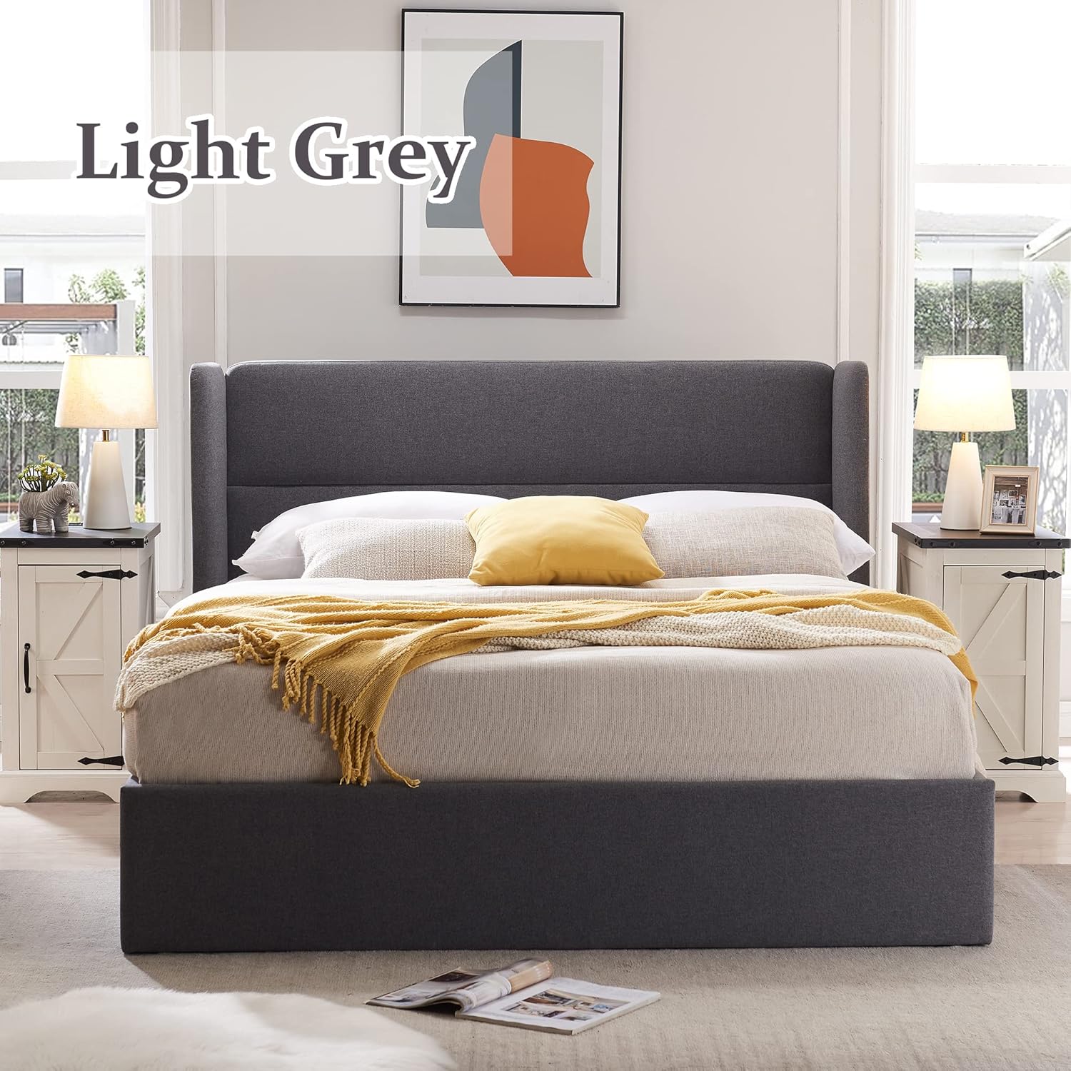 Full Size Upholstered Platform Bed Frame with Wingback Headboard, Wood Slats Support, Noiseless, Easy Assembly, No Box Spring Needed, Light Grey