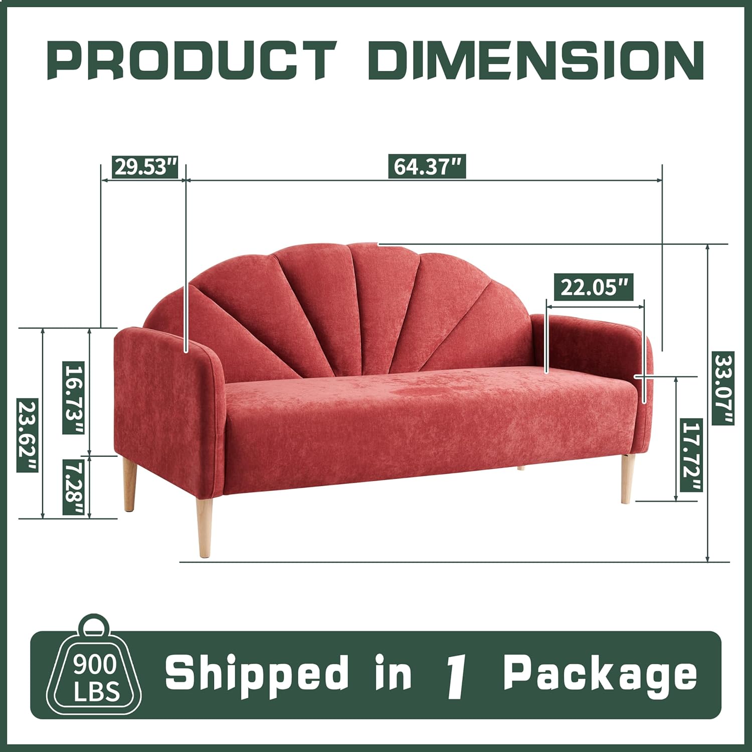 64.37" Modern loveseat Sofa, Linen Fabric Upholstered with Curved Back and Wood Legs, 3-Seater Sofa Couch for Living Room, Small Couch for Small Spaces, Easy Assemlby, Wine Red