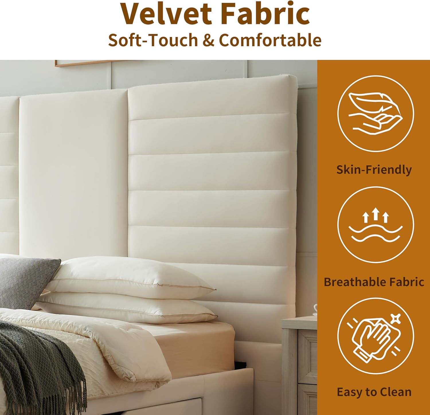King Size Bed Frame with 2 Storage Drawers, Platform Bed Frame with Velvet Fabric, Wood Bed Frame with Headboard & Storage Underneath, Wooden Slats, No Box Spring Needed, Easy Assembly, Cream