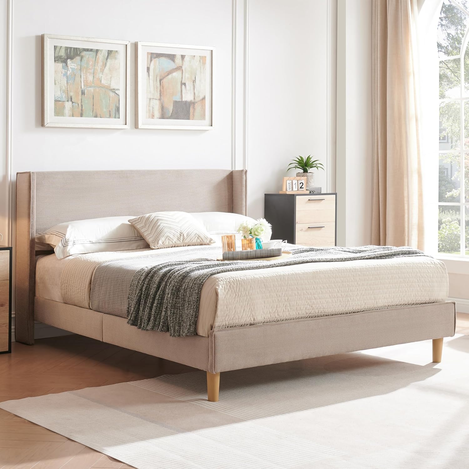 Queen Bed Frame with 42.5" High Wingback Headboard, Tall Upholstered Bed, Wooden Slats Support, Corduroy Upholstered, Noise Free, No Box Spring Needed, Easy Assembly, Turtle