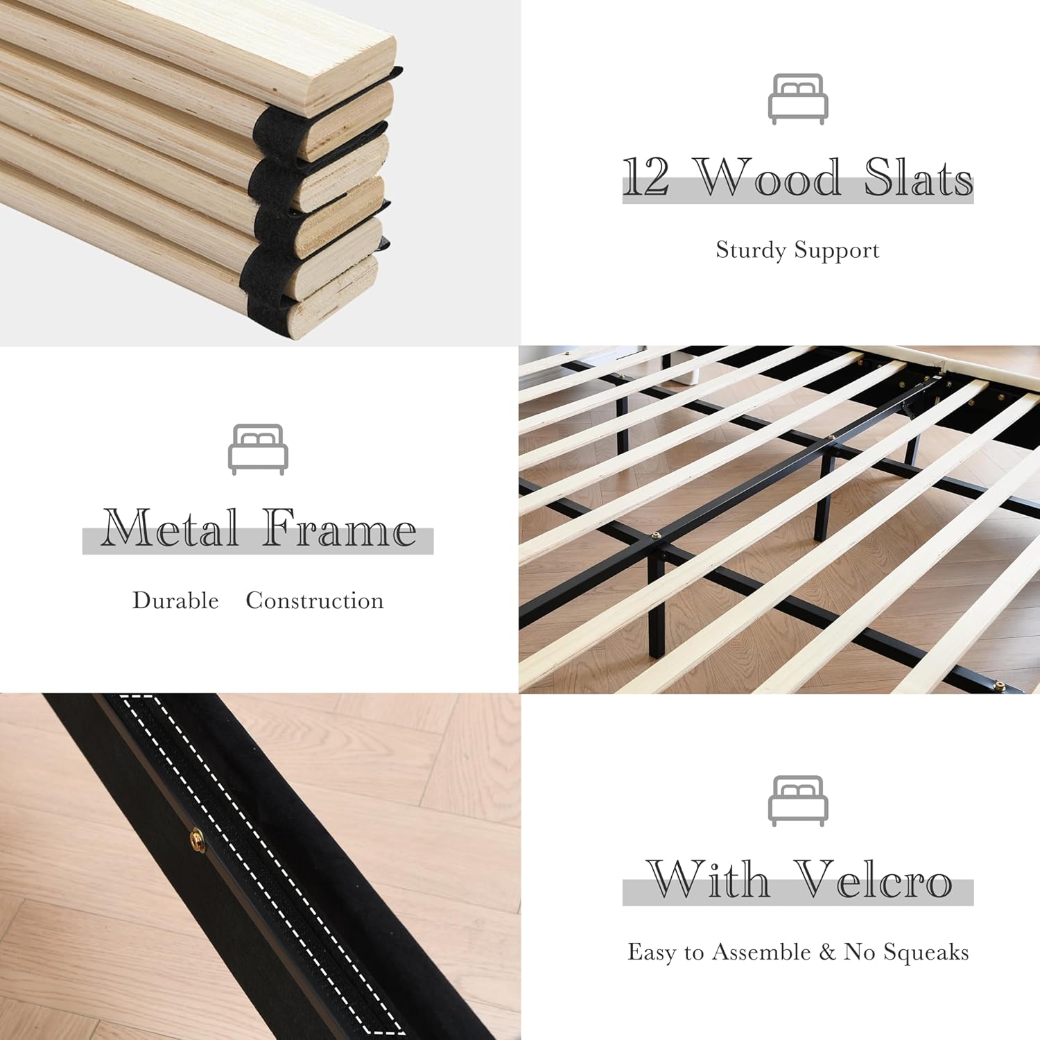 King Size Upholstered Platform Bed Frame, Linen Headboard, Metal Frame Wooden Slat Support, Golden PVC Material Edge,No Box Spring Needed, High Wood Foot, Easy to Assemble, Beige