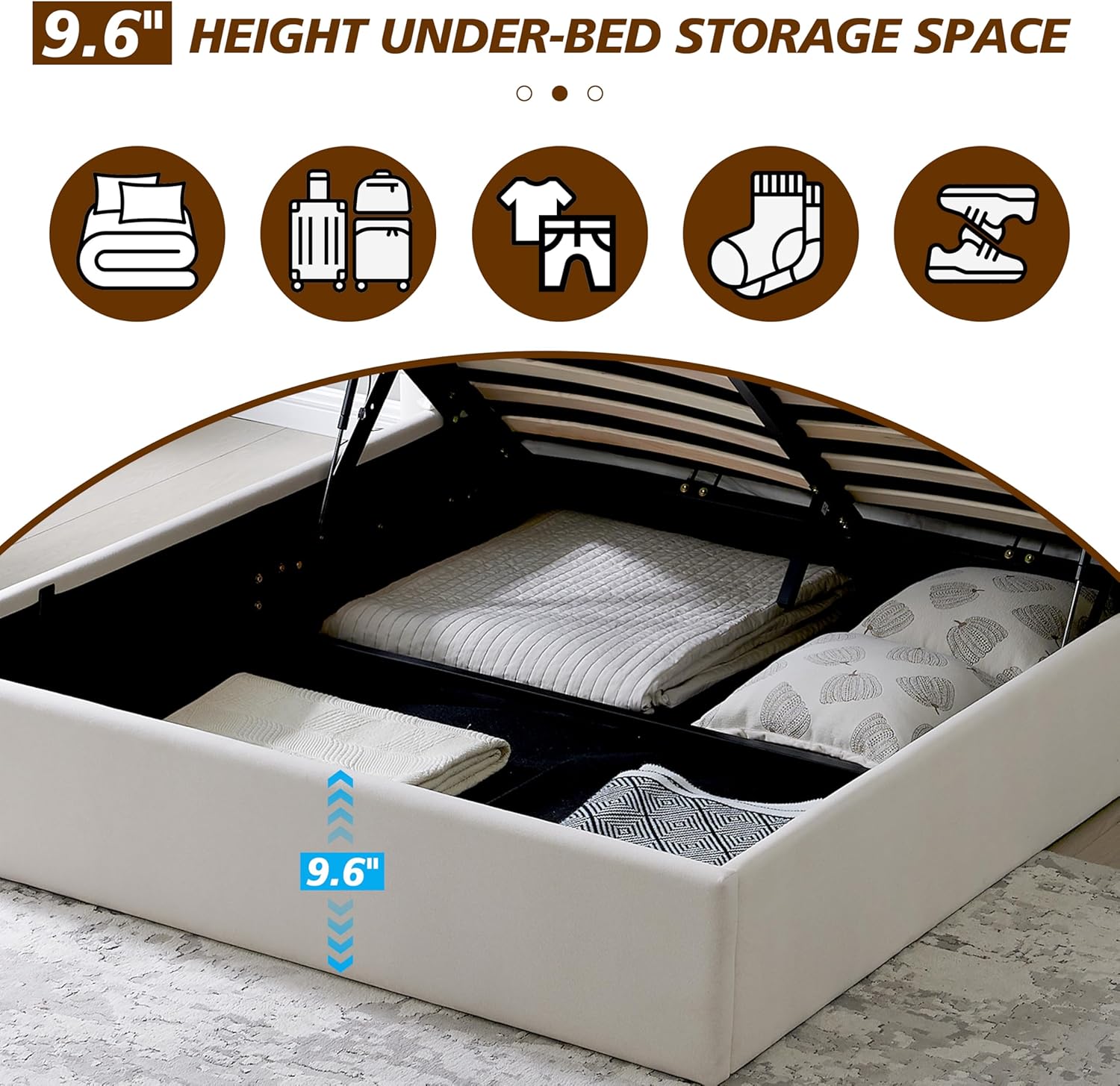 Queen Size Upholstered Platform Bed Frame with Lift-Up Storage, Velvet Headboard & Built-in Nightstands, No Box Spring Needed, Beige