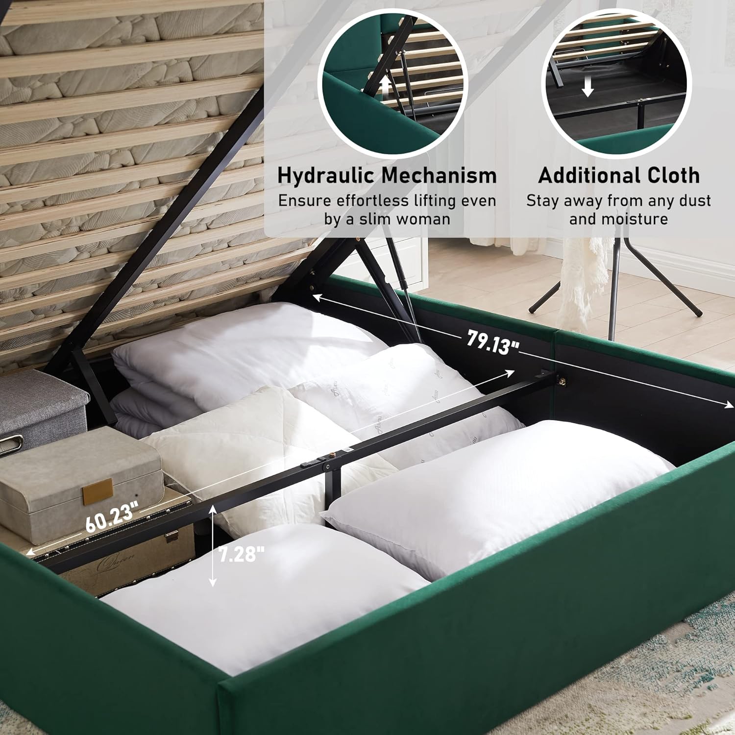 Lift Up Storage Bed Full Size, Upholstered Platform Bed with Hydraulic Storage System & Wood Slats Support, Full Bed Frame with Headboard, No Box Spring Needed, Easy Assembly, Green