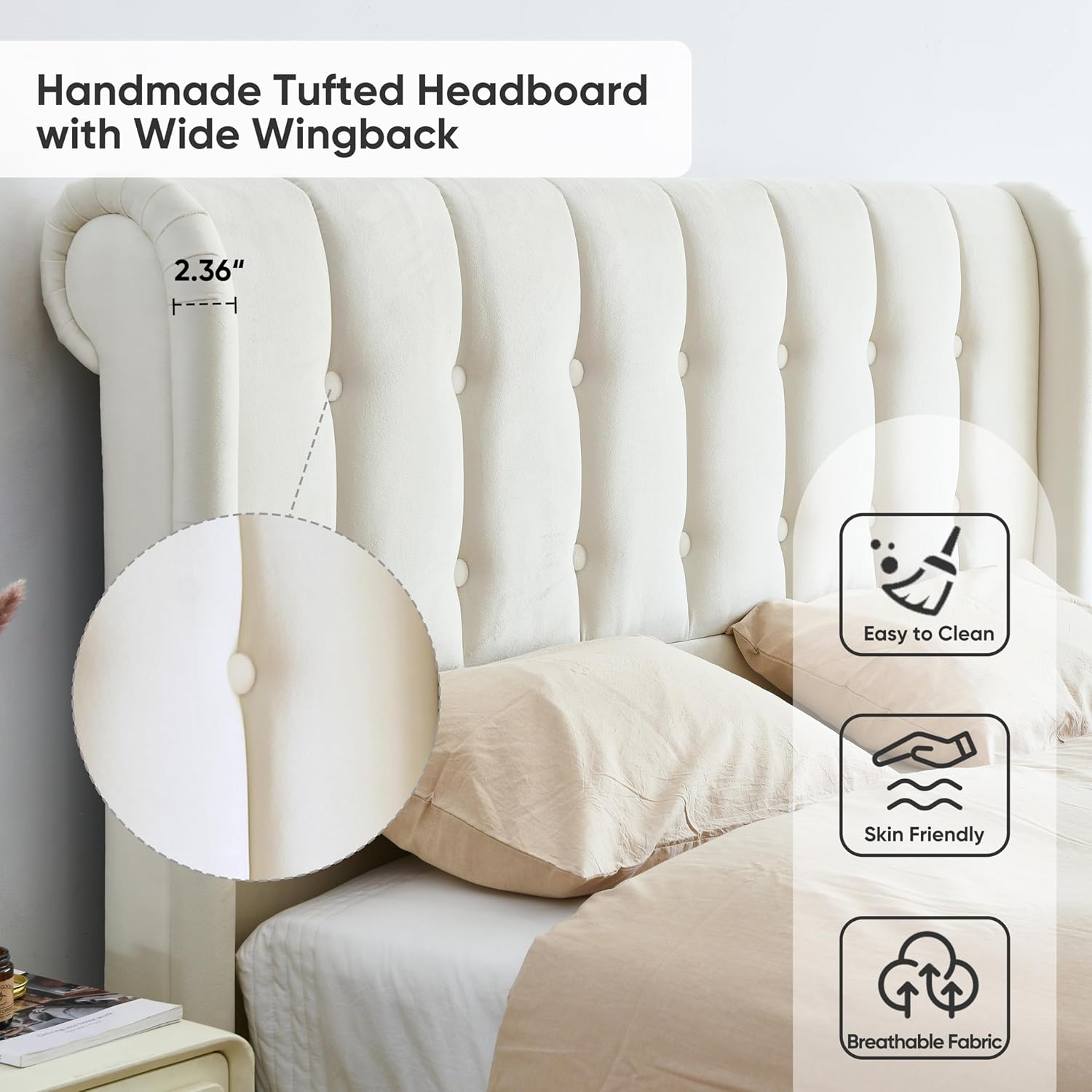 King Size Platform Bed Frame, Velvet Upholstered Sleigh Bed, Deep Button Tufted Wingback Headboard & Footboard, Wood Slat Support, No Box Spring Required, Easy Assemble, Cream