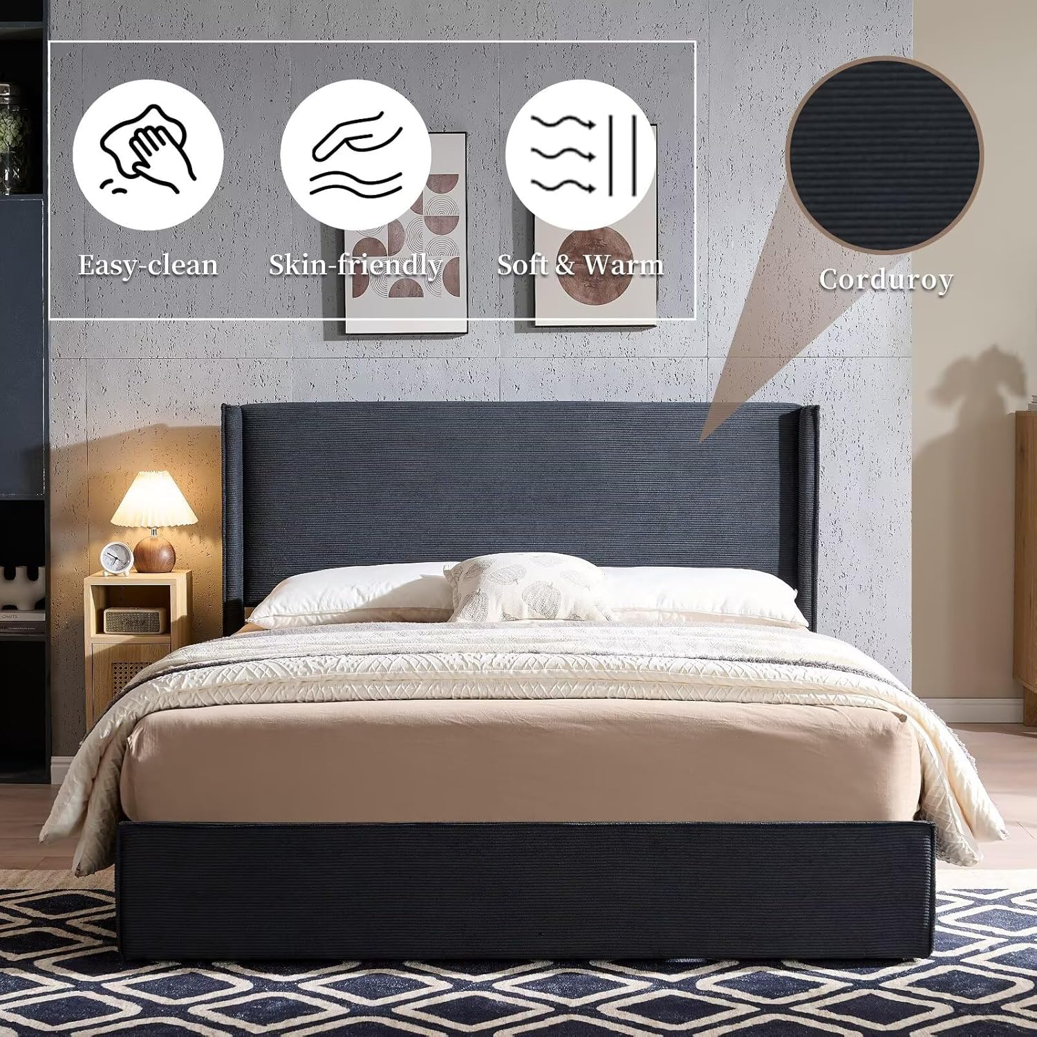 King Size Platform Bed Frame with 4 Storage Drawers, Upholstered Headboard, Wooden Slats Support, Fully Upholstered Mattress Foundation, No Box Spring Needed, Easy Assembly, Black