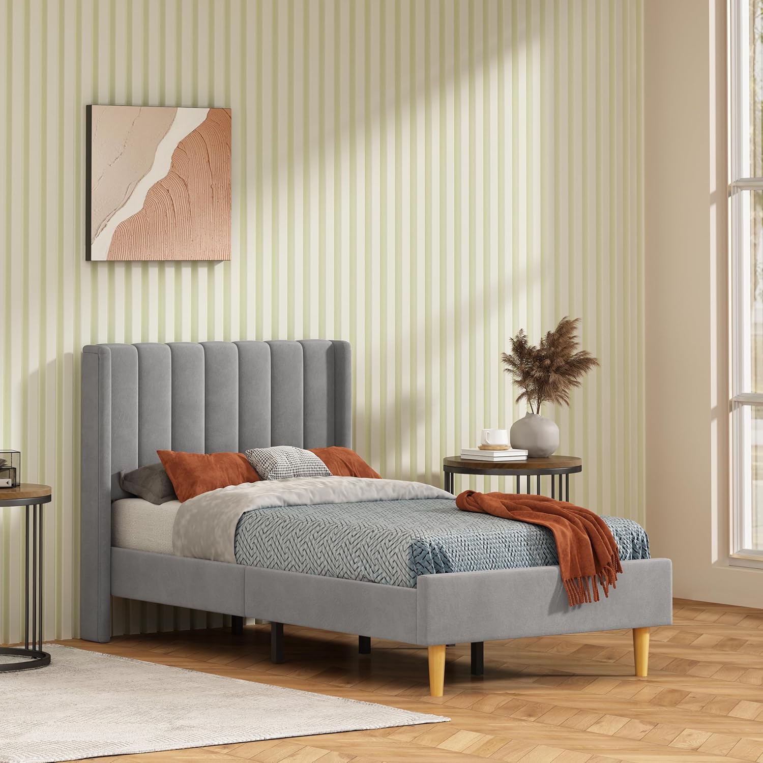 Twin Size Platform Bed Frame with Wingback Headboard, Velvet Fabric Upholsteredand, Metal Frame & Wooden Slats Support, No Box Spring Needed, Easy Assembly, Gray