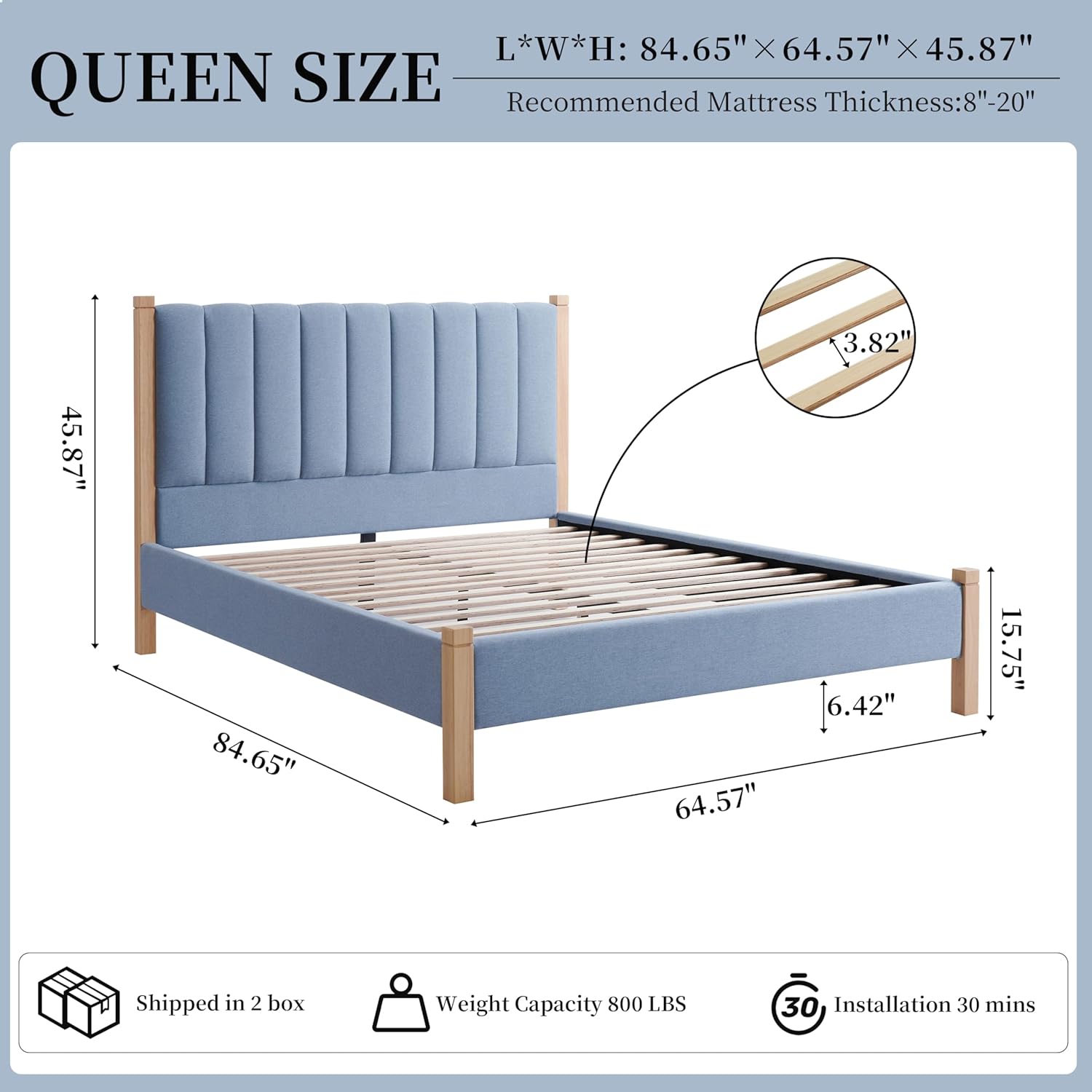Queen Size Upholstered Bed Frame, Piano Key-Inspired Headboard, Linen Fabric, 4 Solid Wood Legs, Sturdy Metal & Wood Slats Construction, No Box Spring Needed, Easy Assembly, Light Blue