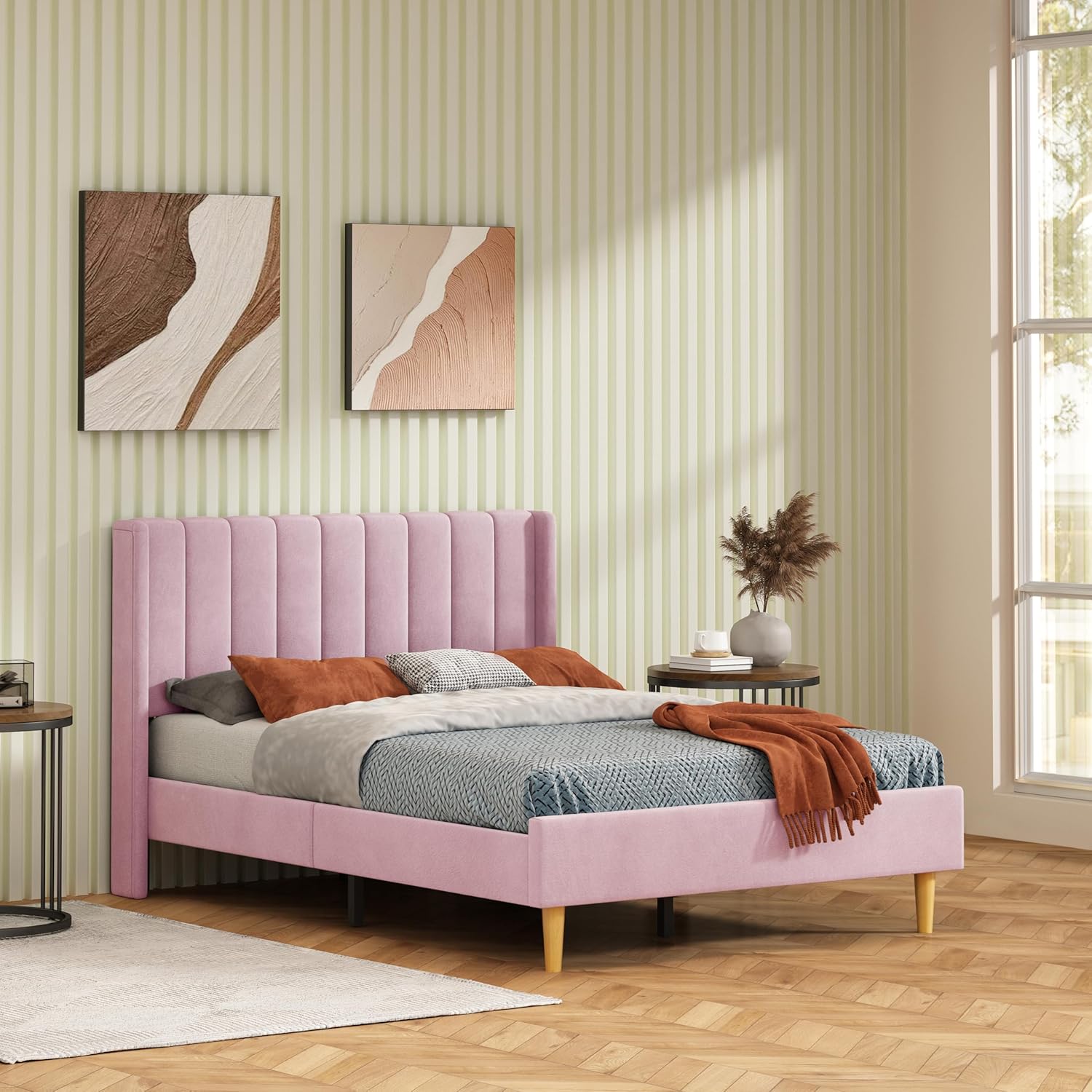 Twin Size Platform Bed Frame with Wingback Headboard, Velvet Fabric Upholsteredand, Metal Frame & Wooden Slats Support, No Box Spring Needed, Easy Assembly, Gray