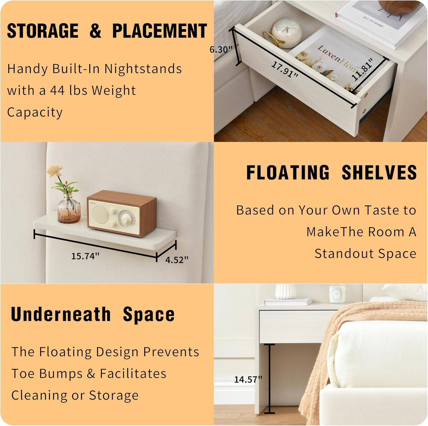 Queen Bed Frame with Storage & Built-in Nightstands, Velvet Upholstered Platform Bed Frame with Drawers & 2 Floating Storage Shelves, Noise-Free, No Box Spring Needed, Easy Assembly, Beige