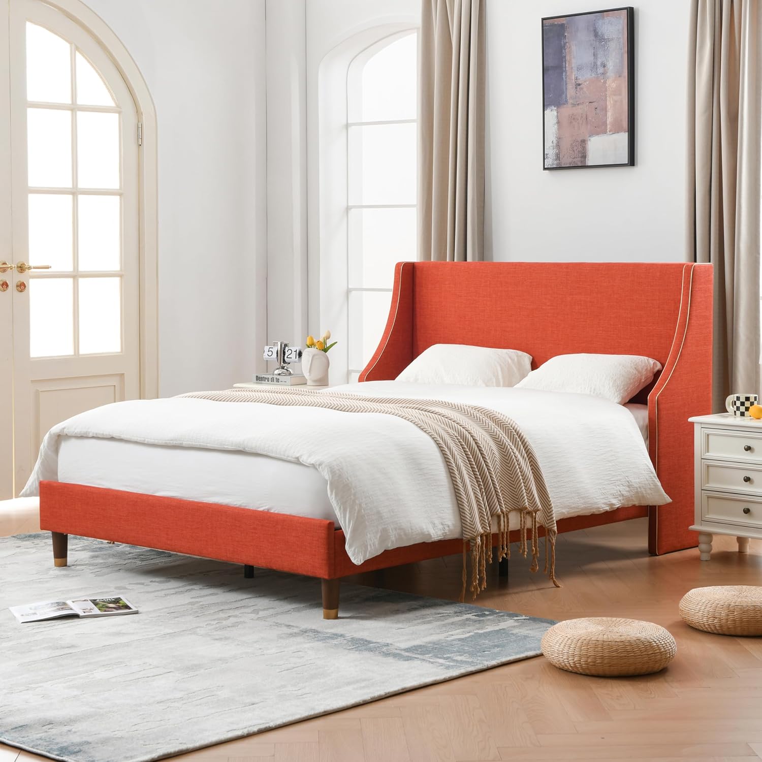 Queen Size Upholstered Platform Bed Frame, 15.16" Gold Edge Wingback Headboard, Linen Fabric & Wooden Slats, No Box Spring Needed, Easy Assembly, Beige