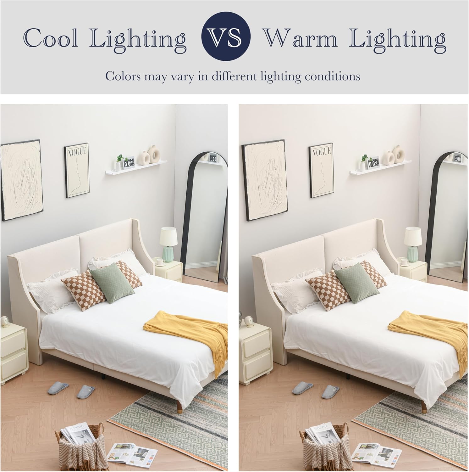 King Size Upholstered Platform Bed Frame, Linen Headboard, Metal Frame Wooden Slat Support, Golden PVC Material Edge,No Box Spring Needed, High Wood Foot, Easy to Assemble, Beige