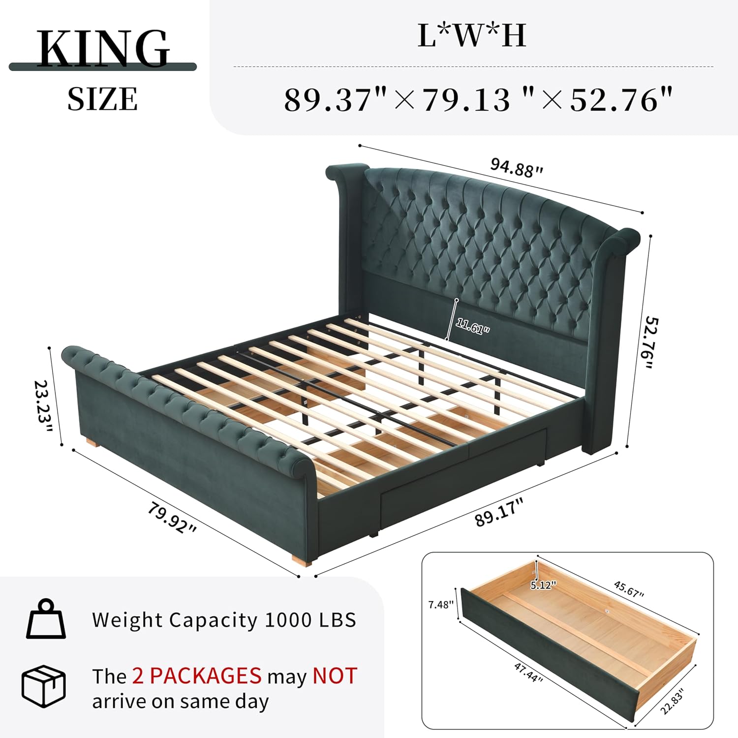King Size Sleigh Bed Frame with Storage, Platform Bed Frame with Headboard & Footboard, Velvet Upholstered Bed with Deep Button Tufted, Noise-Free, No Box Spring Needed, Easy Assembly, Green