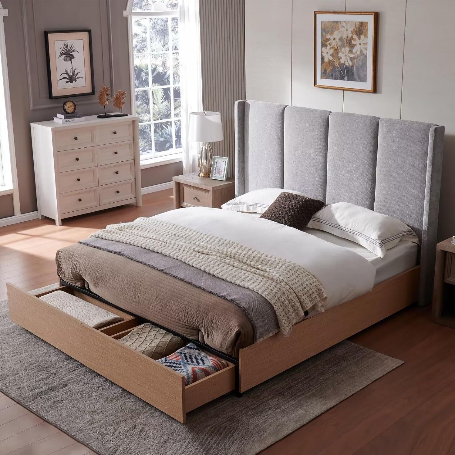 Queen Size Upholstered Bed Frame, Extra High Wingback Headboard and 2 Footboard Storage Drawers, Linen Fabric, Light Oak Wood-Finish Base, No Box Spring Needed, Easy Assembly, Light Gray