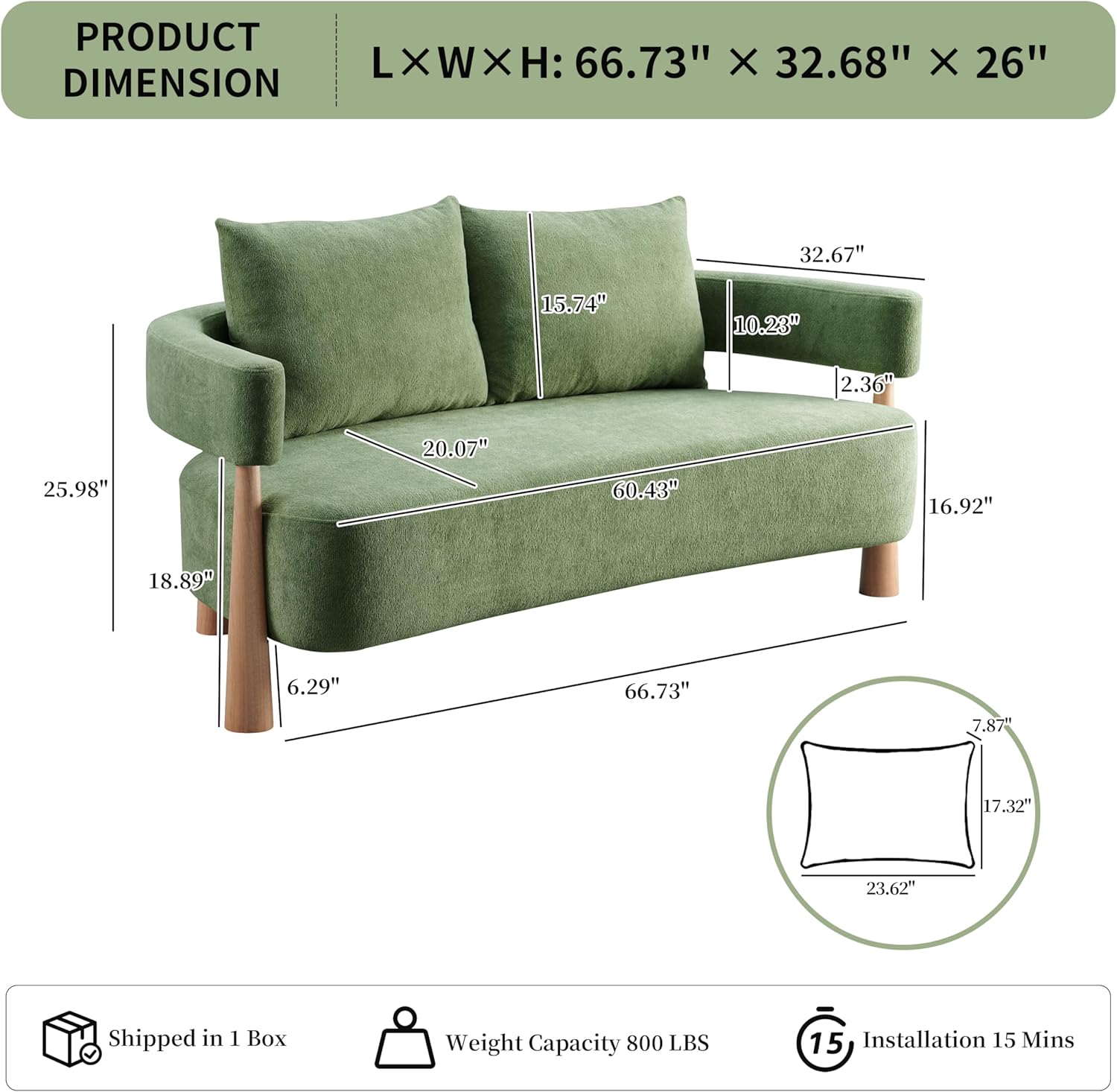 67" Premium Loveseat Sofa – Ergonomic Design with Curved Armrests, Chenille Fabric, High-Resilience Cushions, Solid Wood Legs, Floor Protection, Easy Assembly, 2 Matching Pillows, Green