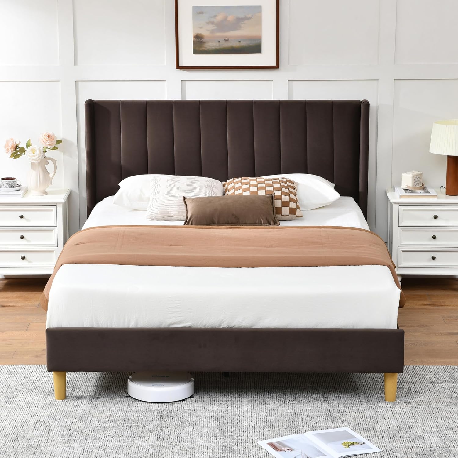 Twin Size Bed Frame, Velvet Upholstered Platform Bed with Vertical Channel Tufted Wingback Headboard, Wooden Slats Support, No Box Spring Needed, Noise-Free, Easy Assembly, Pink