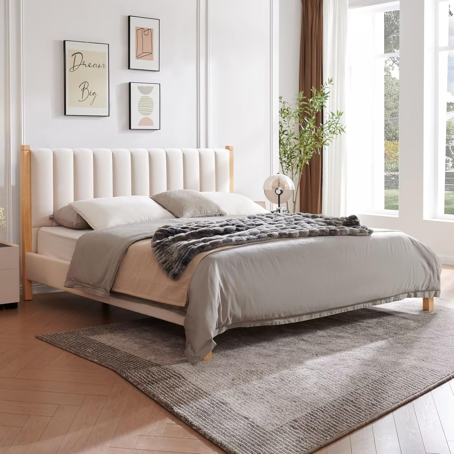 Queen Size Upholstered Bed Frame, Piano Key-Inspired Headboard, Linen Fabric, 4 Solid Wood Legs, Sturdy Metal & Wood Slats Construction, No Box Spring Needed, Easy Assembly, Light Blue