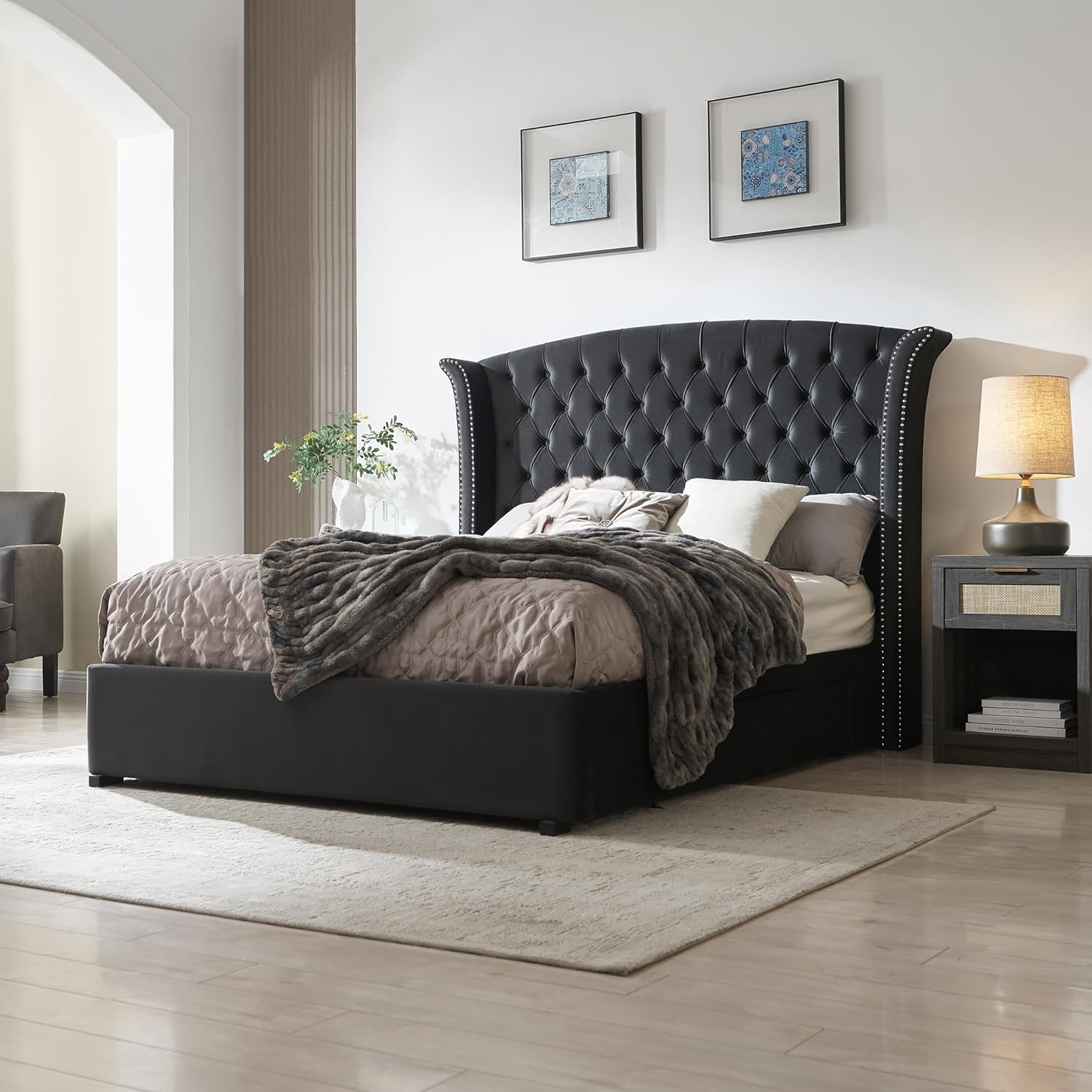 Upholstered Queen Size Bed Frame with 2 Storage Drawers, Button Tufted Wingback Headboard, Heavy Duty Mattress Foundation with Wooden Slats, No Box Spring Needed, Easy Assemable, Ink Blue