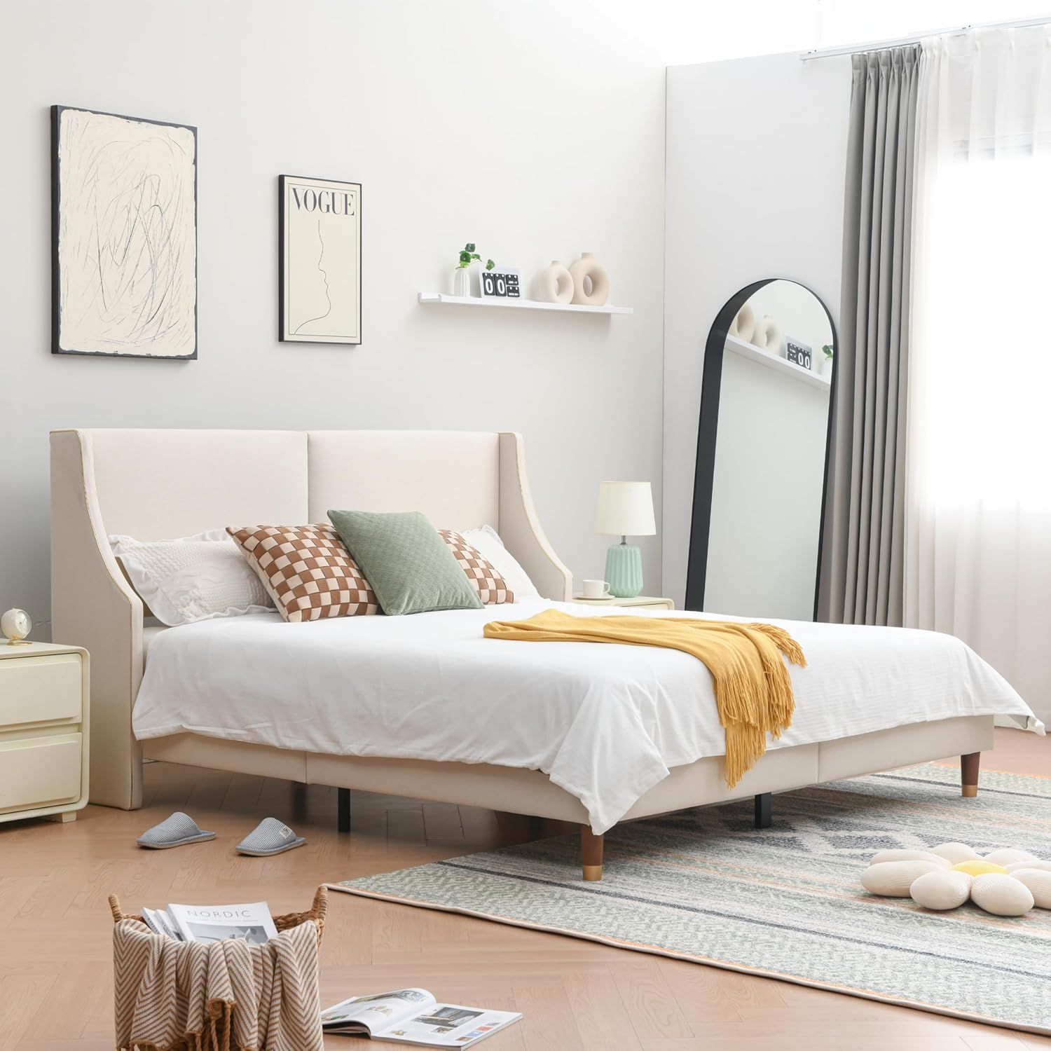 King Size Upholstered Platform Bed Frame, Linen Headboard, Metal Frame Wooden Slat Support, Golden PVC Material Edge,No Box Spring Needed, High Wood Foot, Easy to Assemble, Beige