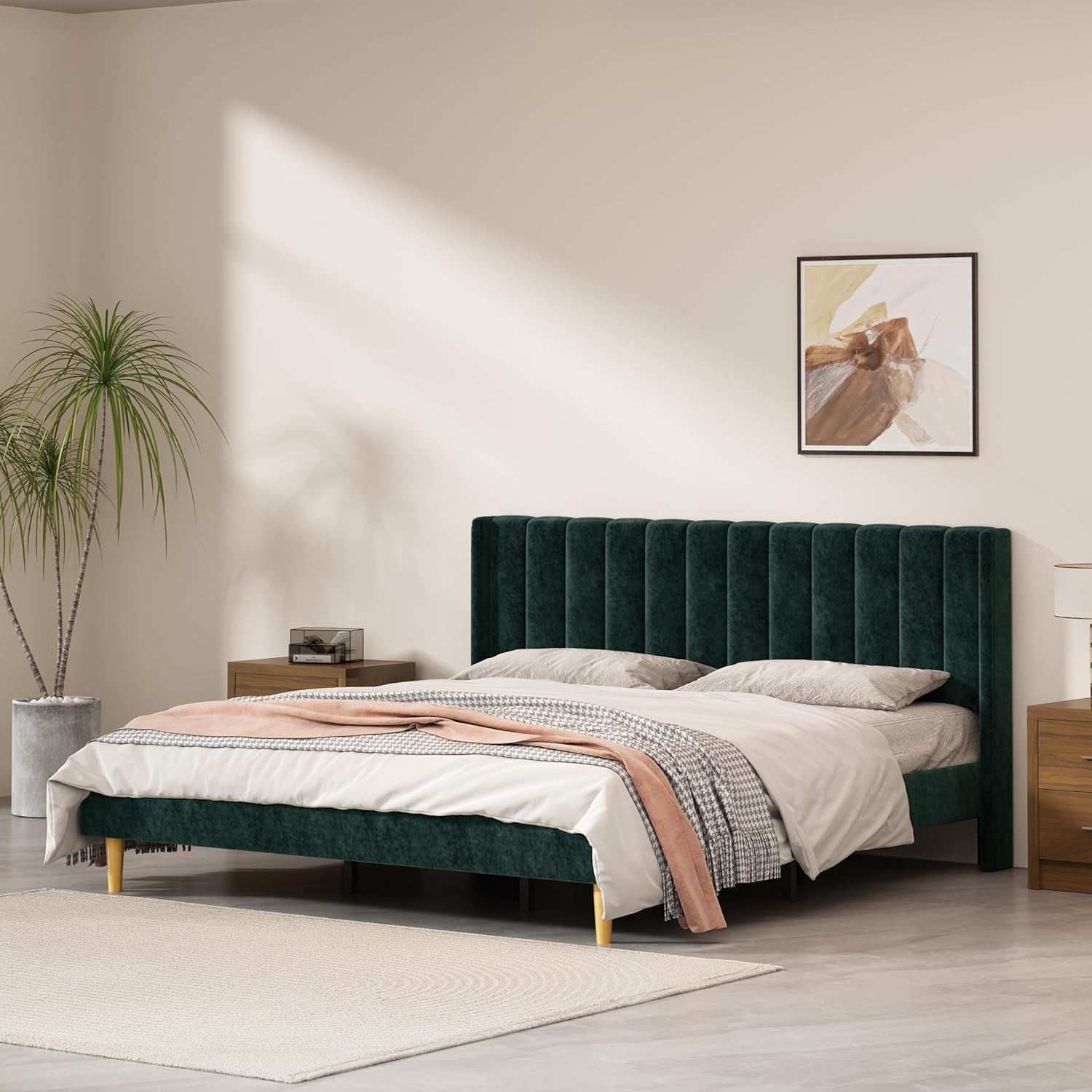 Queen Size Upholstered Platform Bed Frame with Headboard and Legsboard, Wooden Slats, Velvet Fabric, 5.9" Wood Bed Legs, No Box Spring Needed, Easy Assembly, Cream