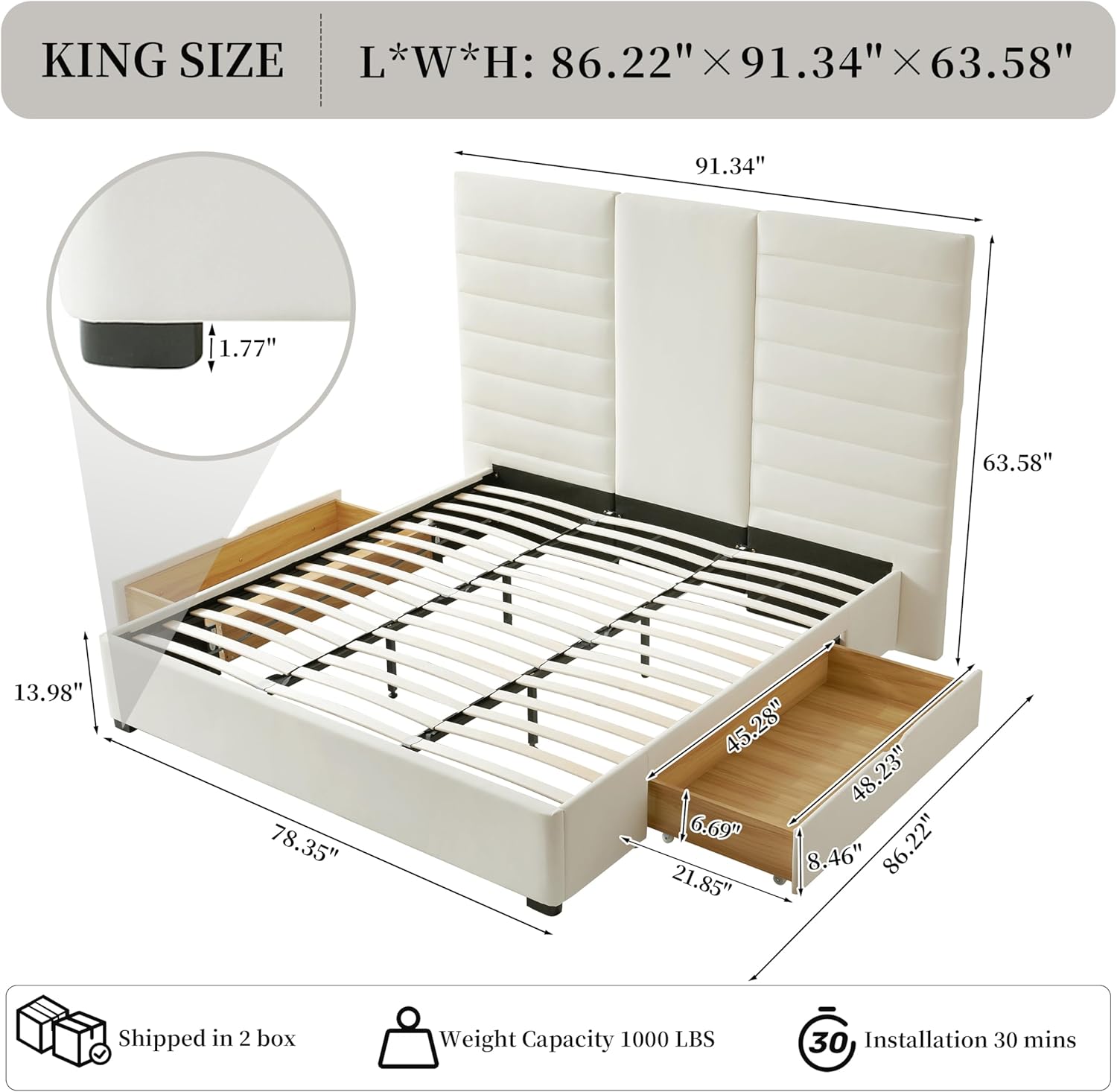 King Size Bed Frame with 2 Storage Drawers, Platform Bed Frame with Velvet Fabric, Wood Bed Frame with Headboard & Storage Underneath, Wooden Slats, No Box Spring Needed, Easy Assembly, Cream