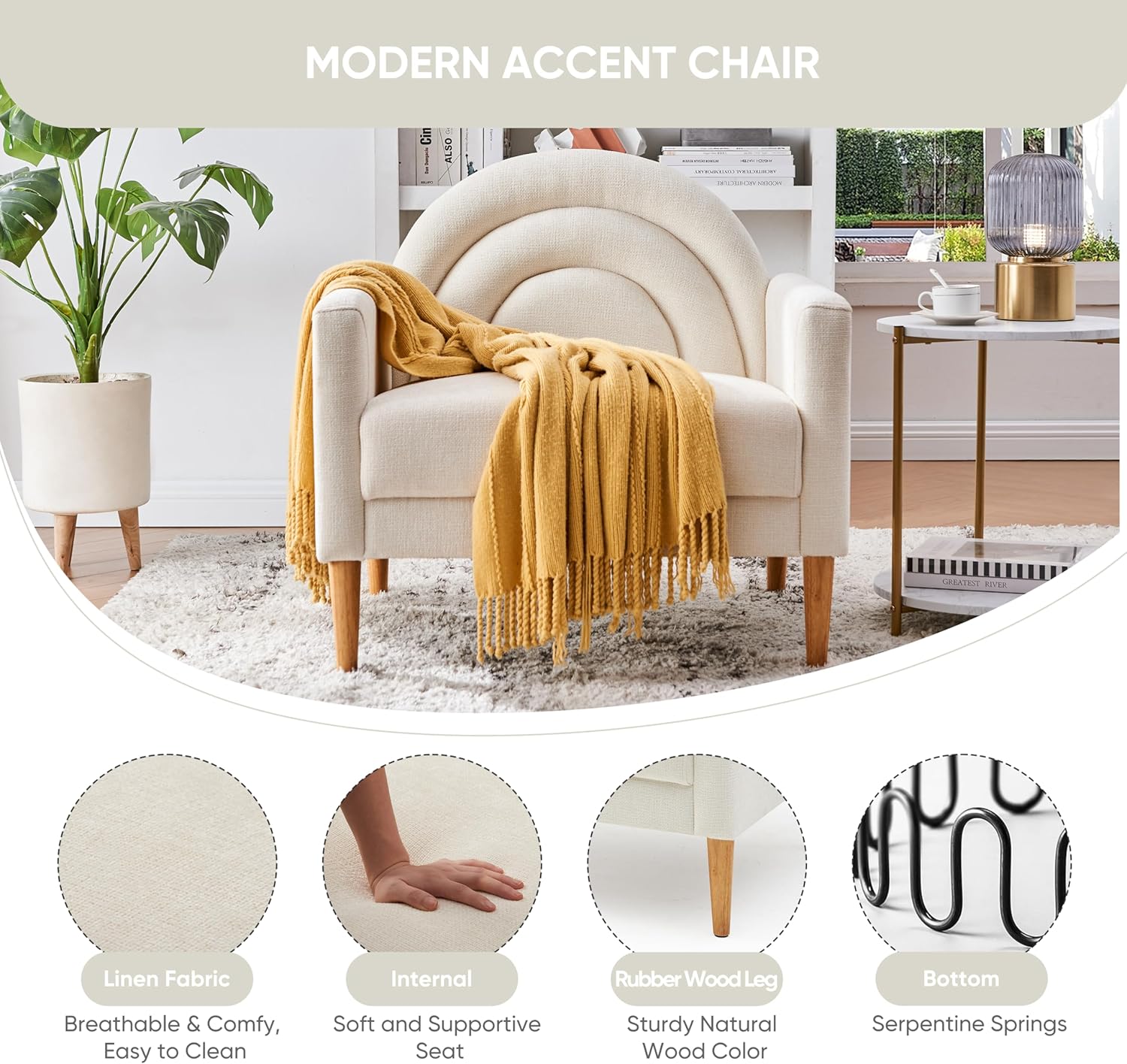 Accent Chair Reading Chair with Armrest, Small Comfy Chair for Small Spaces, Modern Linen Upholstered Armchair for Bedroom & Living Room, Single Sofa Chair with Wood Legs, Easy Assembly (Cream)
