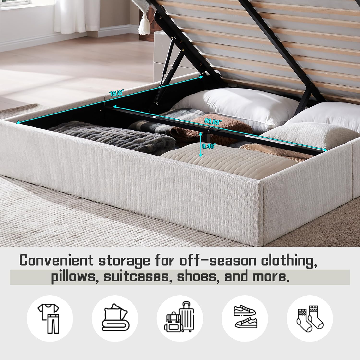 Lift Up Storage Bed Queen Size, Upholstered Platform Bed with Hydraulic System & Wood Slats Support, Queen Bed Frame with 3-Panel Headboard, No Box Spring Needed, Easy Assembly, Ivory