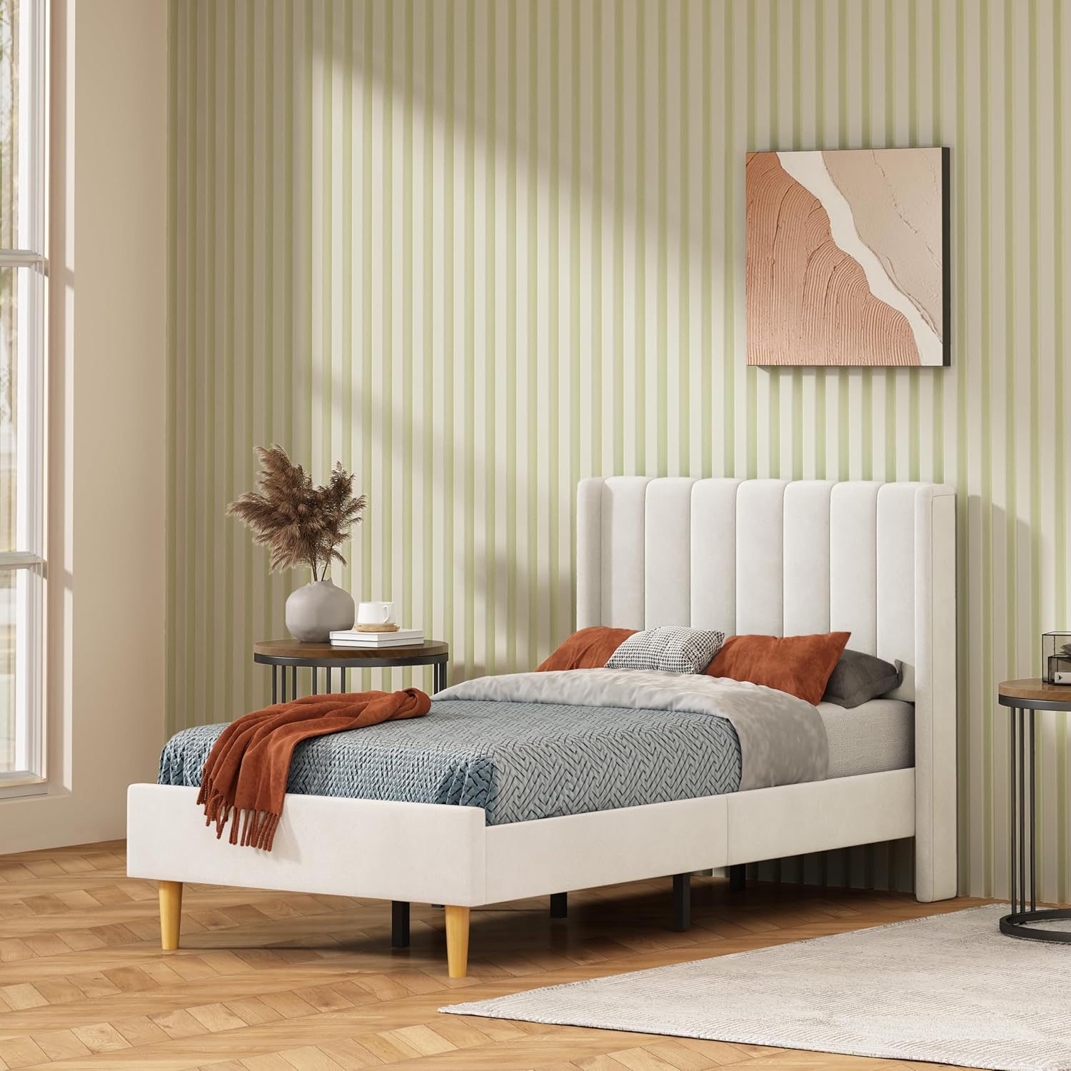 Twin Size Platform Bed Frame with Wingback Headboard, Velvet Fabric Upholsteredand, Metal Frame & Wooden Slats Support, No Box Spring Needed, Easy Assembly, Gray