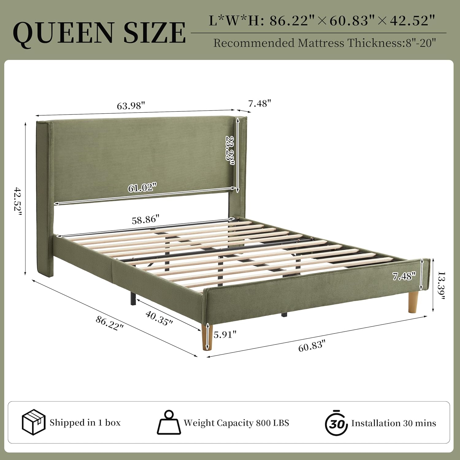 Queen Bed Frame with 42.5" High Wingback Headboard, Tall Upholstered Bed, Wooden Slats Support, Corduroy Upholstered, Noise Free, No Box Spring Needed, Easy Assembly, Turtle
