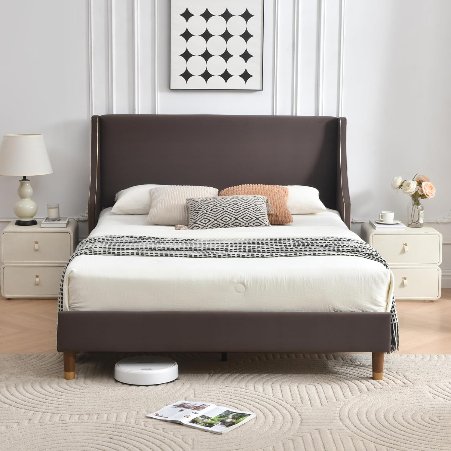 Queen Size Upholstered Platform Bed Frame, 15.16" Gold Edge Wingback Headboard, Linen Fabric & Wooden Slats, No Box Spring Needed, Easy Assembly, Beige