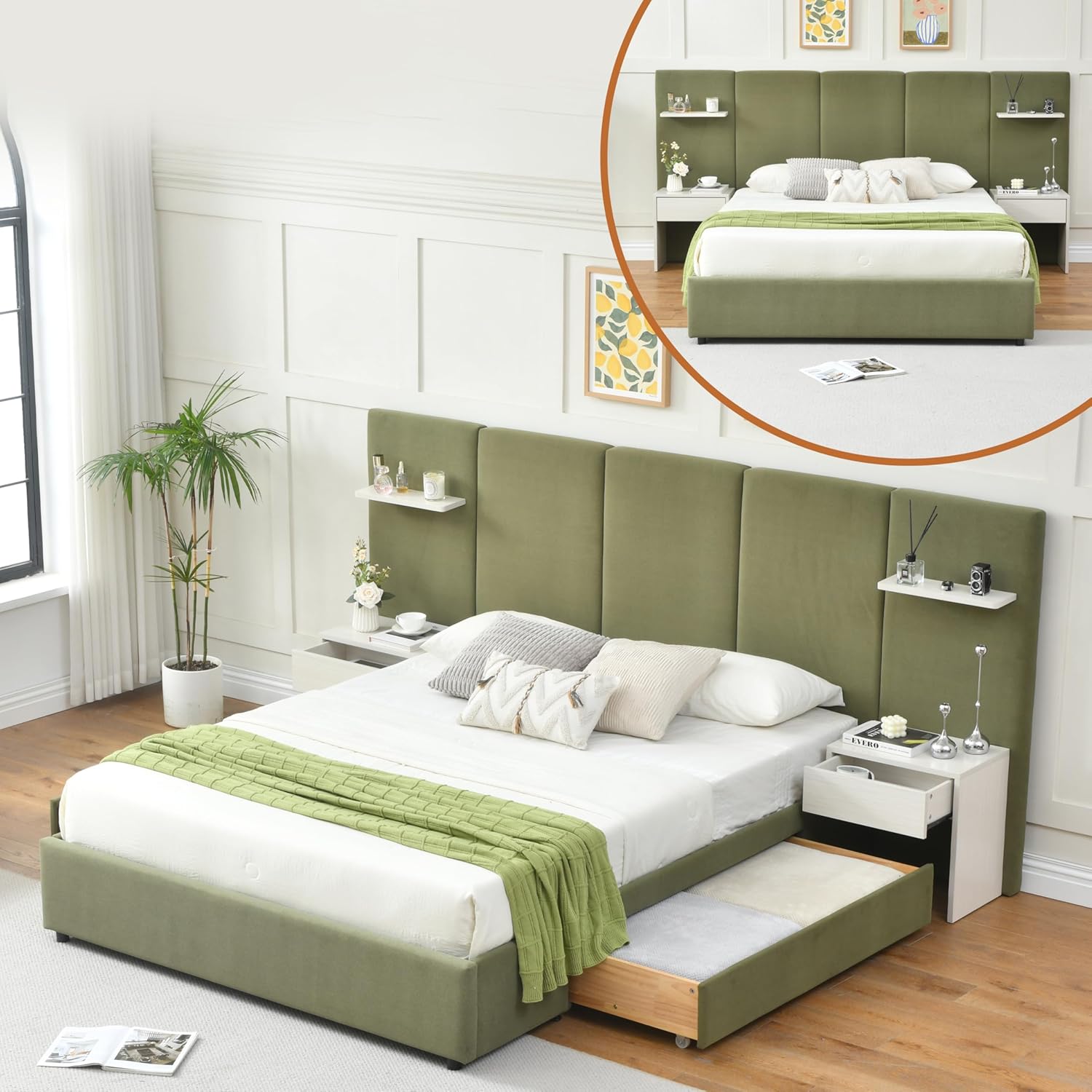 Queen Bed Frame with Storage & Built-in Nightstands, Velvet Upholstered Platform Bed Frame with Drawers & 2 Floating Storage Shelves, Noise-Free, No Box Spring Needed, Easy Assembly, Beige