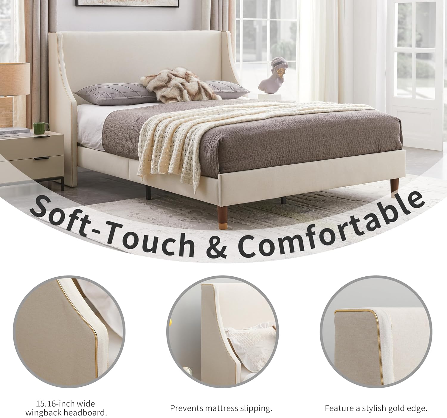 Queen Size Upholstered Platform Bed Frame, 15.16" Gold Edge Wingback Headboard, Linen Fabric & Wooden Slats, No Box Spring Needed, Easy Assembly, Beige
