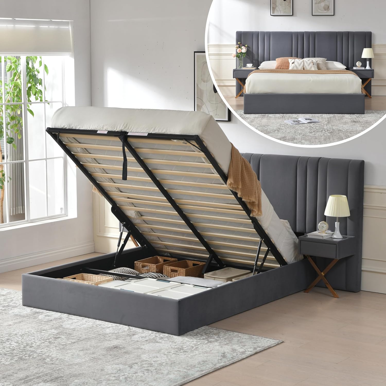 King Size Bed Frame with Built-in Nightstands, Lift Up Storage Bed with Oversize Upholstered Headboard, Luxury Bed Frame with Underneath Storage, Wood Slats Support, No Box Spring Needed, Cream