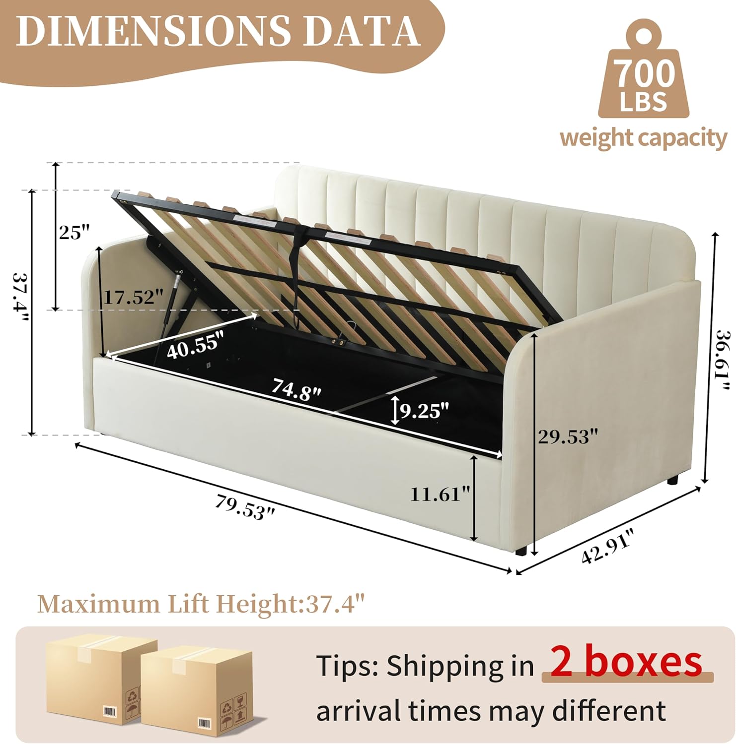 Twin Daybed with Storage, Velvet Upholstered Daybed with Vertical Channel Tufted Headboard, Solid Support, No Box Spring Needed, Easy Assembly, Cream