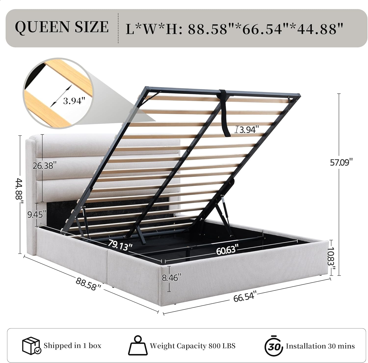 Lift Up Storage Bed Queen Size, Upholstered Platform Bed with Hydraulic System & Wood Slats Support, Queen Bed Frame with 3-Panel Headboard, No Box Spring Needed, Easy Assembly, Ivory