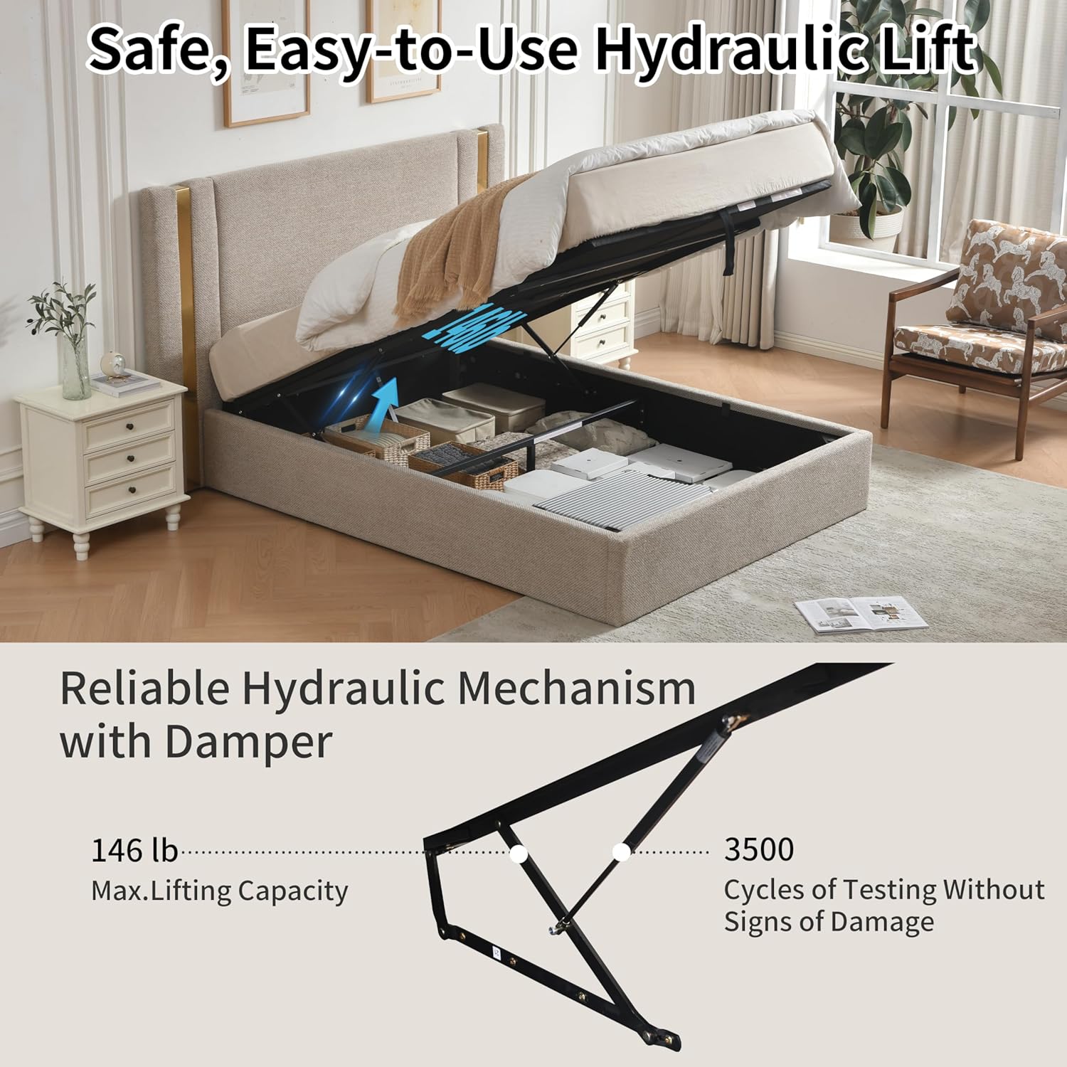 Queen Size Lift Up Storage Bed, Upholstered Platform Bed Frame with Linen Fabric, Solid-Platform Bed with Wide Headboard, Hydraulic Storage, No Box Spring Needed, Eay Assembly, Mink