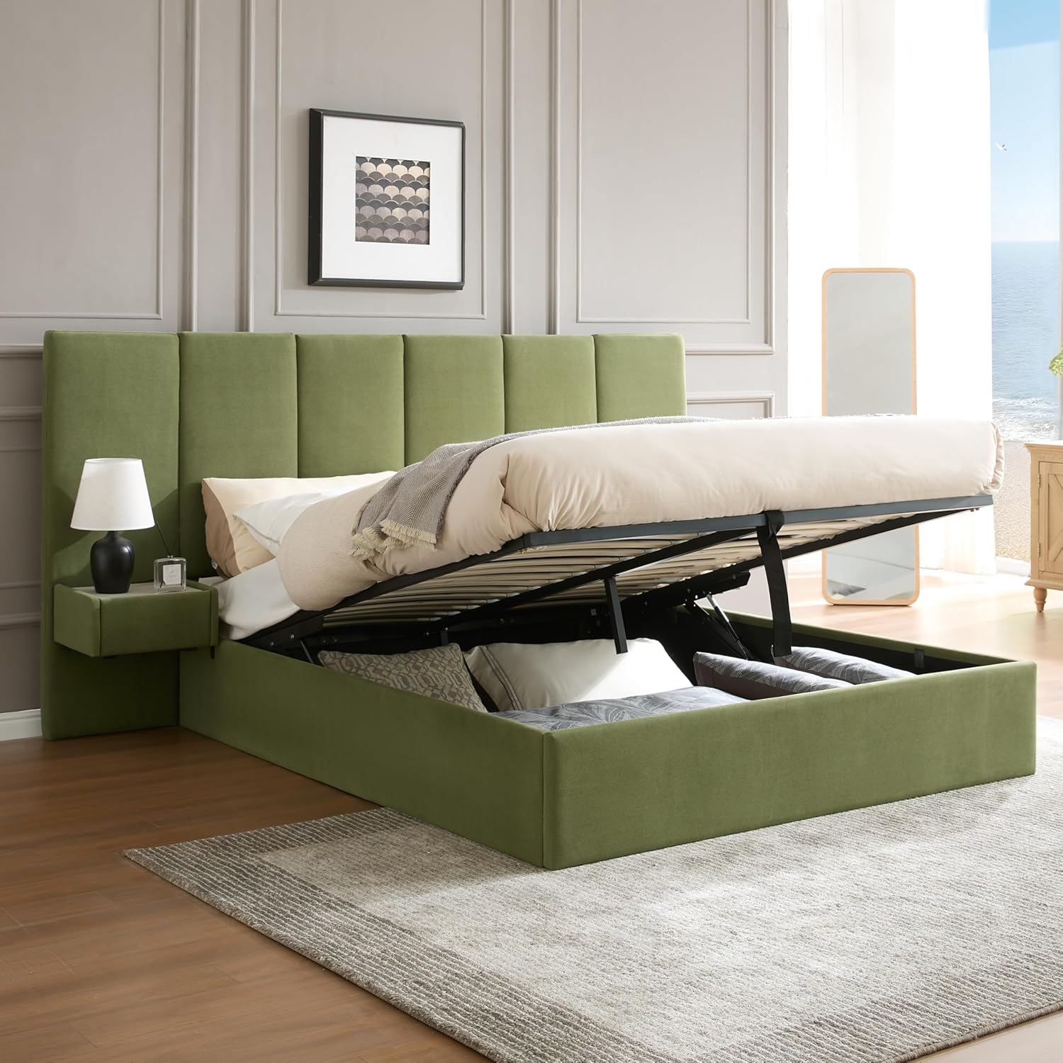 Queen Size Upholstered Platform Bed Frame with Lift-Up Storage, Velvet Headboard & Built-in Nightstands, No Box Spring Needed, Beige