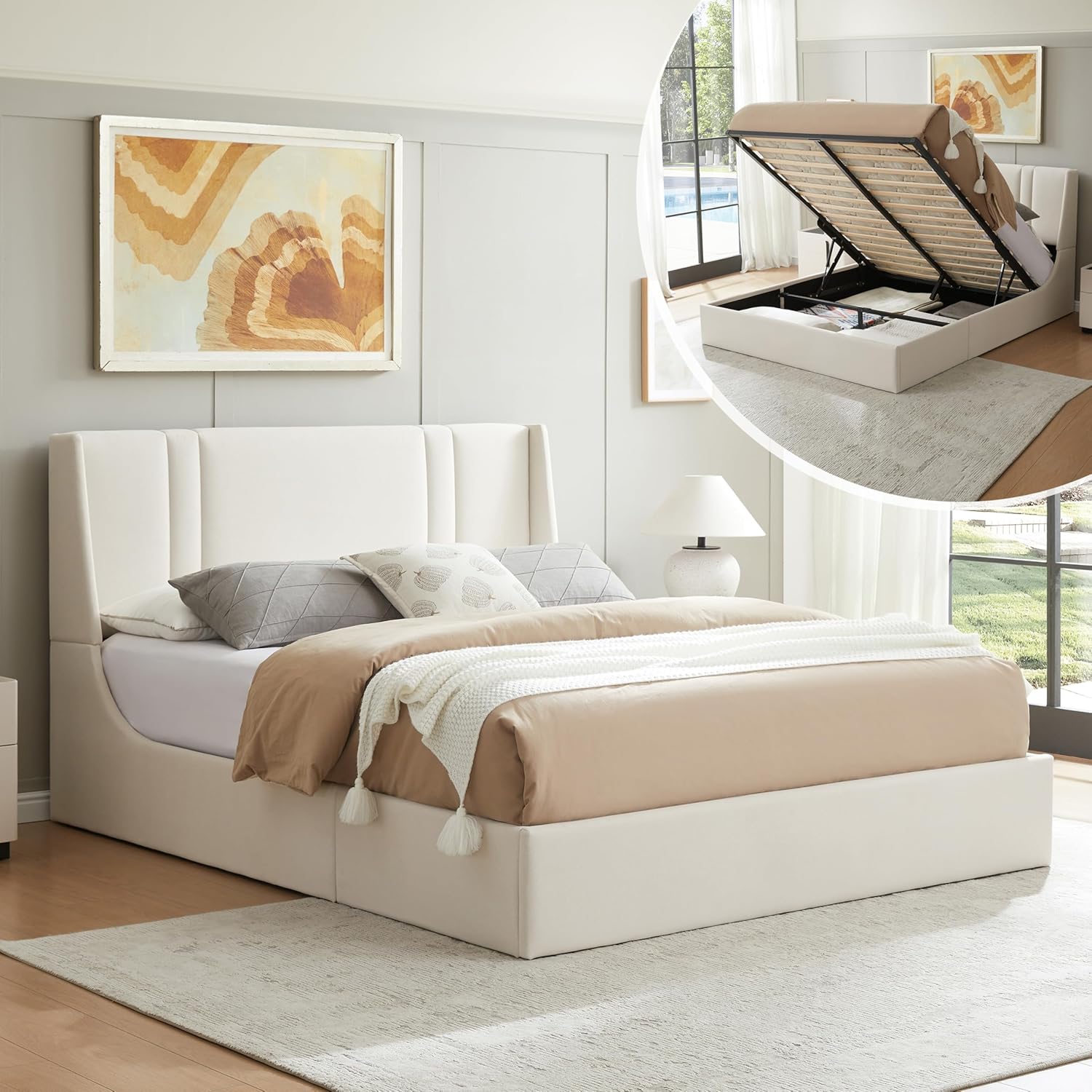 Queen Size Velvet Lift Up Storage Bed, Modern Wingback Headboard, Upholstered Platform Bed with Hydraulic Support, Metal Frame & Wood Slats, No Box Spring Needed, Easy Assembly, Ocher