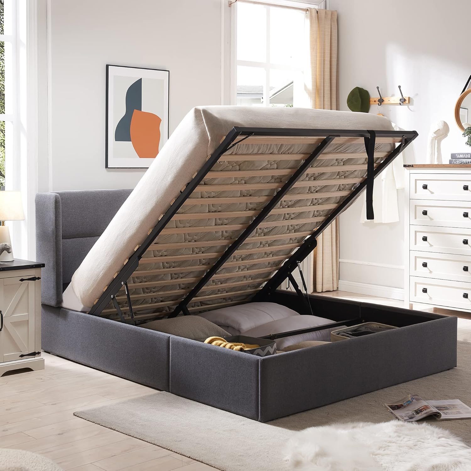 Full Size Upholstered Platform Bed Frame with Wingback Headboard, Wood Slats Support, Noiseless, Easy Assembly, No Box Spring Needed, Light Grey