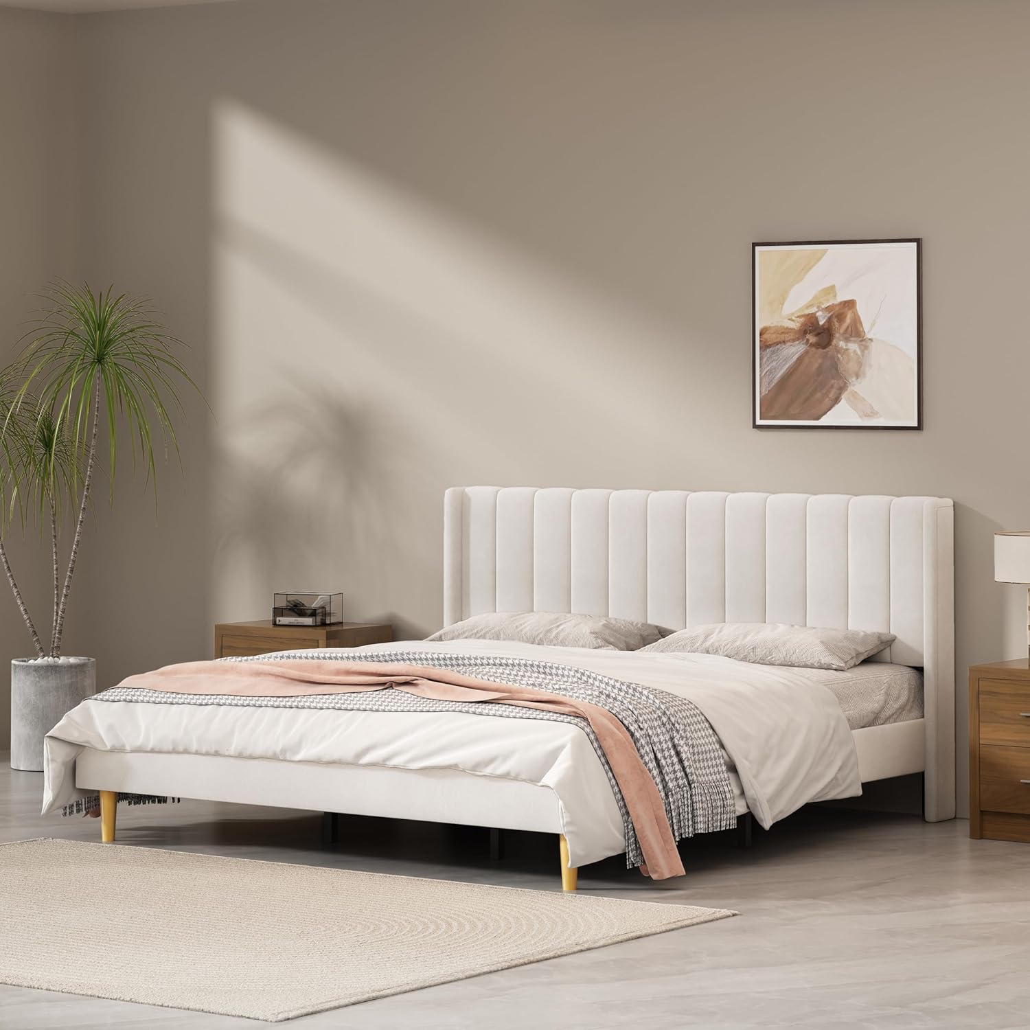 Queen Size Upholstered Platform Bed Frame with Headboard and Legsboard, Wooden Slats, Velvet Fabric, 5.9" Wood Bed Legs, No Box Spring Needed, Easy Assembly, Cream