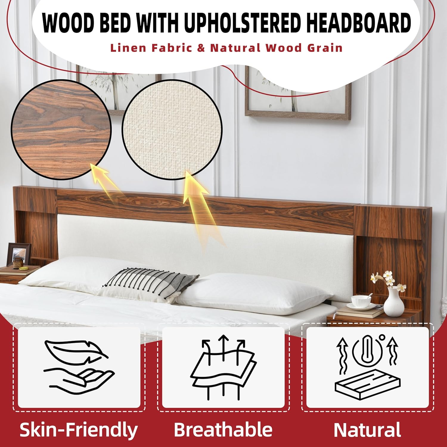 King Size Wood Bed Frame with Built-in Nightstands, Linen Platform Bed Frame with 2 Drawers, Natural Wood Grain & Luxury Upholstered Storage Headboard, No Box Spring Needed, Easy Assembly, Cream