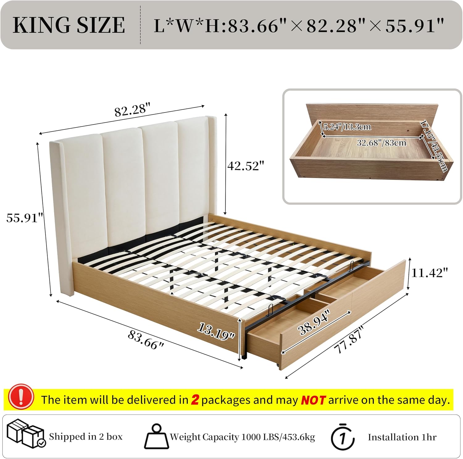 King Upholstered Bed Frame, Extra High Wingback Headboard and 2 Footboard Storage Drawers, Linen Fabric, Light Oak Wood-Finish Base, No Box Spring Needed, Easy Assembly, Beige