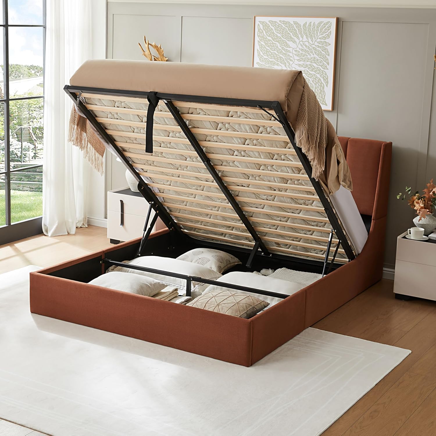 Queen Size Velvet Lift Up Storage Bed, Modern Wingback Headboard, Upholstered Platform Bed with Hydraulic Support, Metal Frame & Wood Slats, No Box Spring Needed, Easy Assembly, Ocher