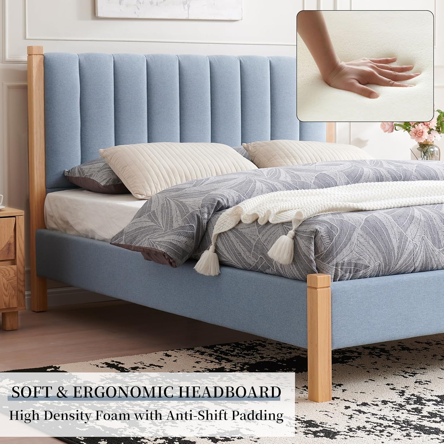 Queen Size Upholstered Bed Frame, Piano Key-Inspired Headboard, Linen Fabric, 4 Solid Wood Legs, Sturdy Metal & Wood Slats Construction, No Box Spring Needed, Easy Assembly, Light Blue