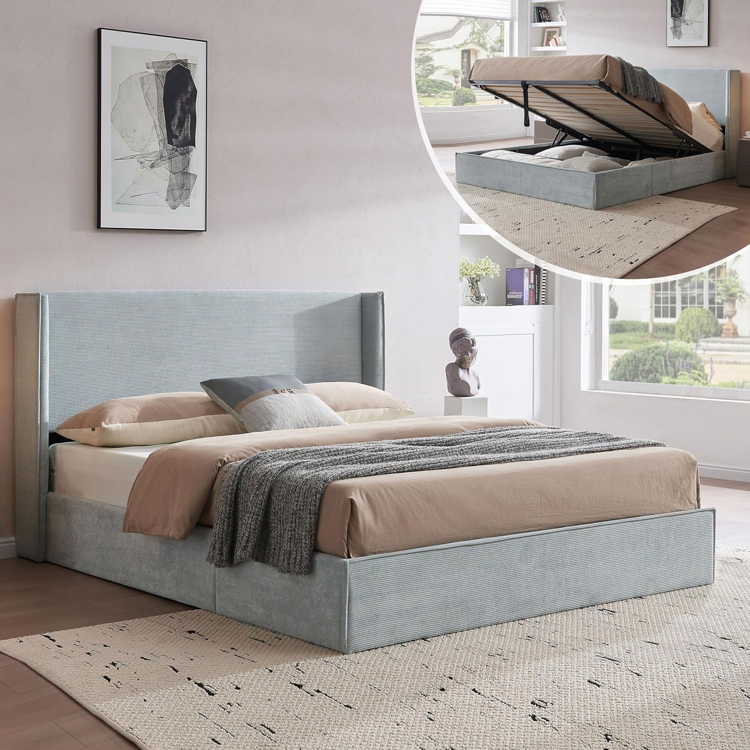 King Size Upholostered Bed Frame with Gas Lift Storage, Modern Wingback Headboard, Hydraulic Support, Corduroy Fabric, Sturdy, No Box Spring Needed, Easy Assembly, Cream