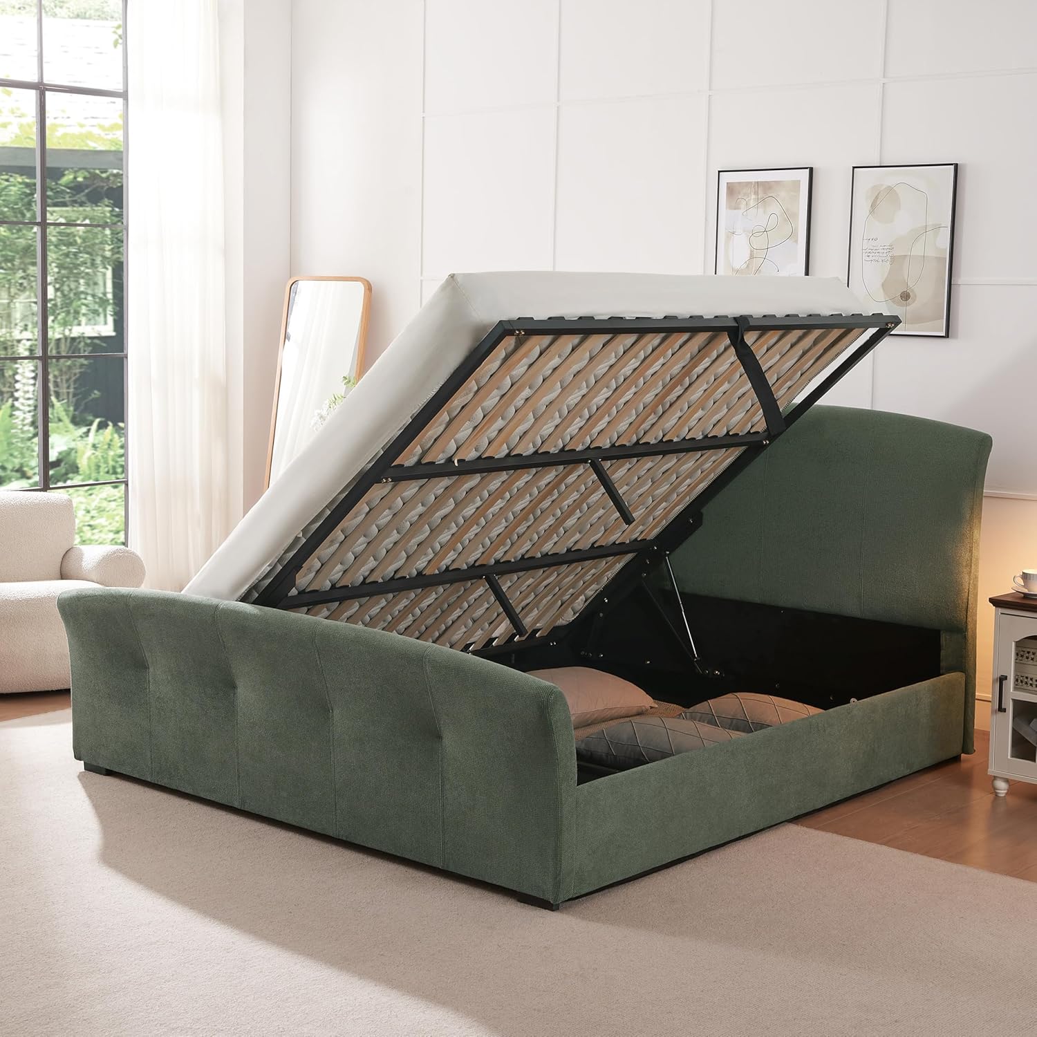 Lift-Up Queen Size Upholstered Bed Frame with Side-Opening Hydraulic Storage, Padded Headboard, Metal Frame, No Box Spring Needed, Moss Green