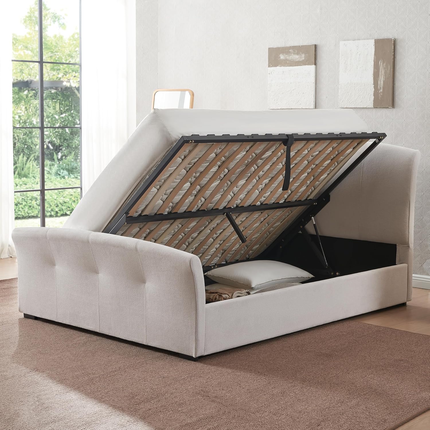 King Size Gas Lift Up Storage Bed, Bed Frame with Curved Upholstered Headboard & Button-Tufted Footboard,Hydraulic Support, Wood Slats, No Box Spring Needed, Easy Assemble, White