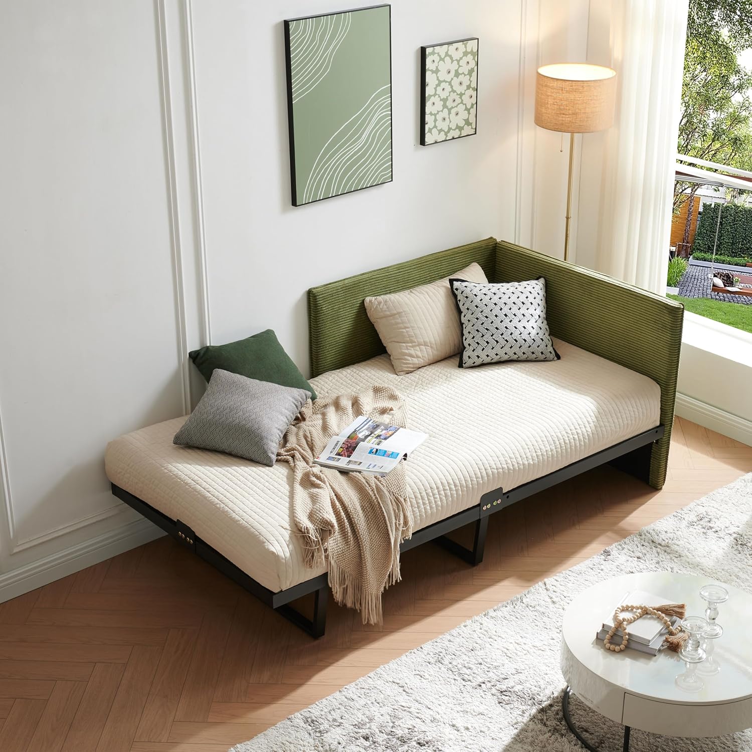 Twin Size Daybed Frame, Corduroy Upholstered Sofa Bed Guest Bed with Versatile Side Placement, Wood Slat Support, Perfect for Kids & Teens Rooms, No Box Spring Needed, Easy Assembly, Cream